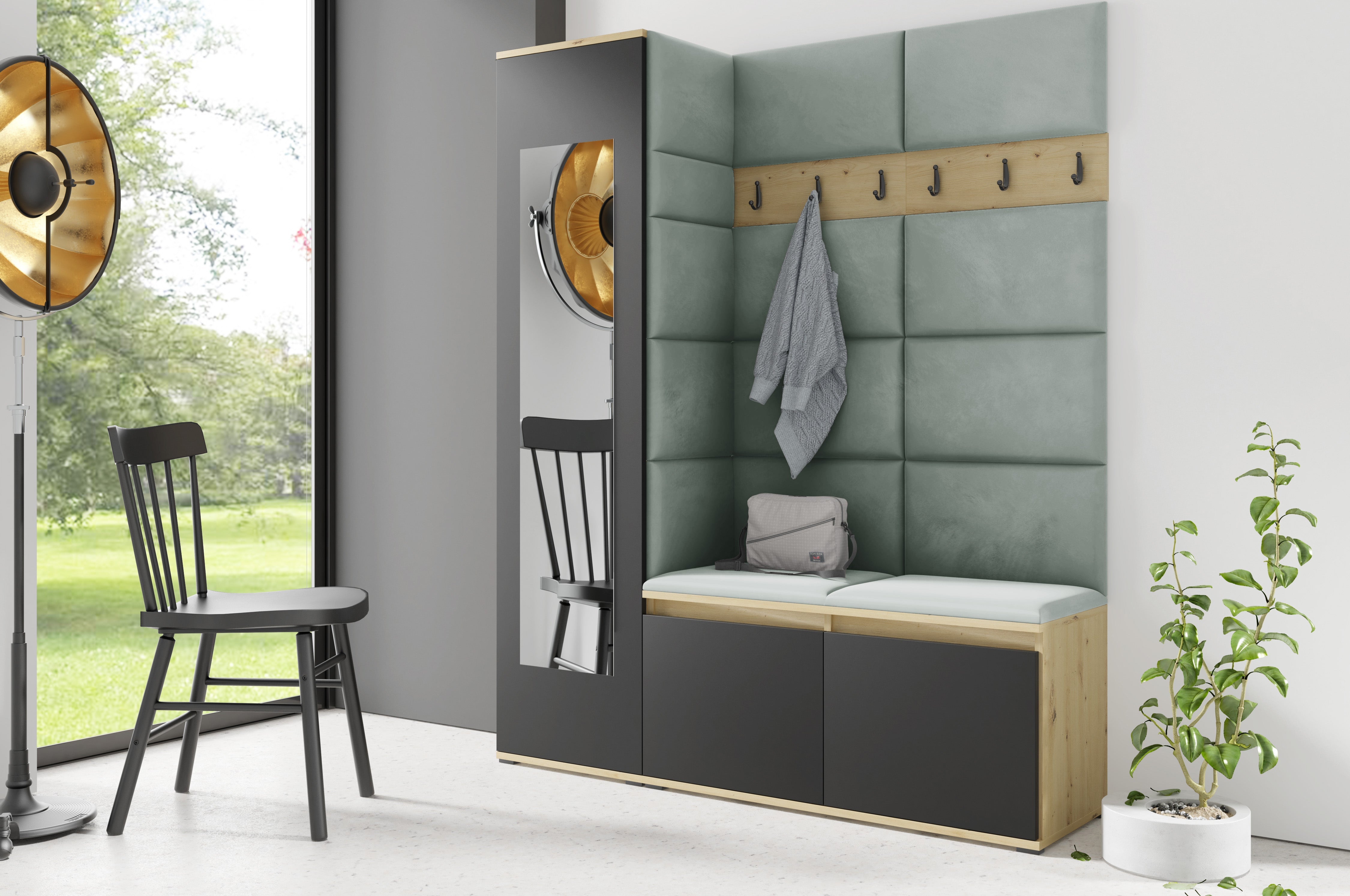 PK Emi 14 Flurgarderobe Artisan Eiche/Schwarz - Polsterpaneele in verschiedenen Farben
