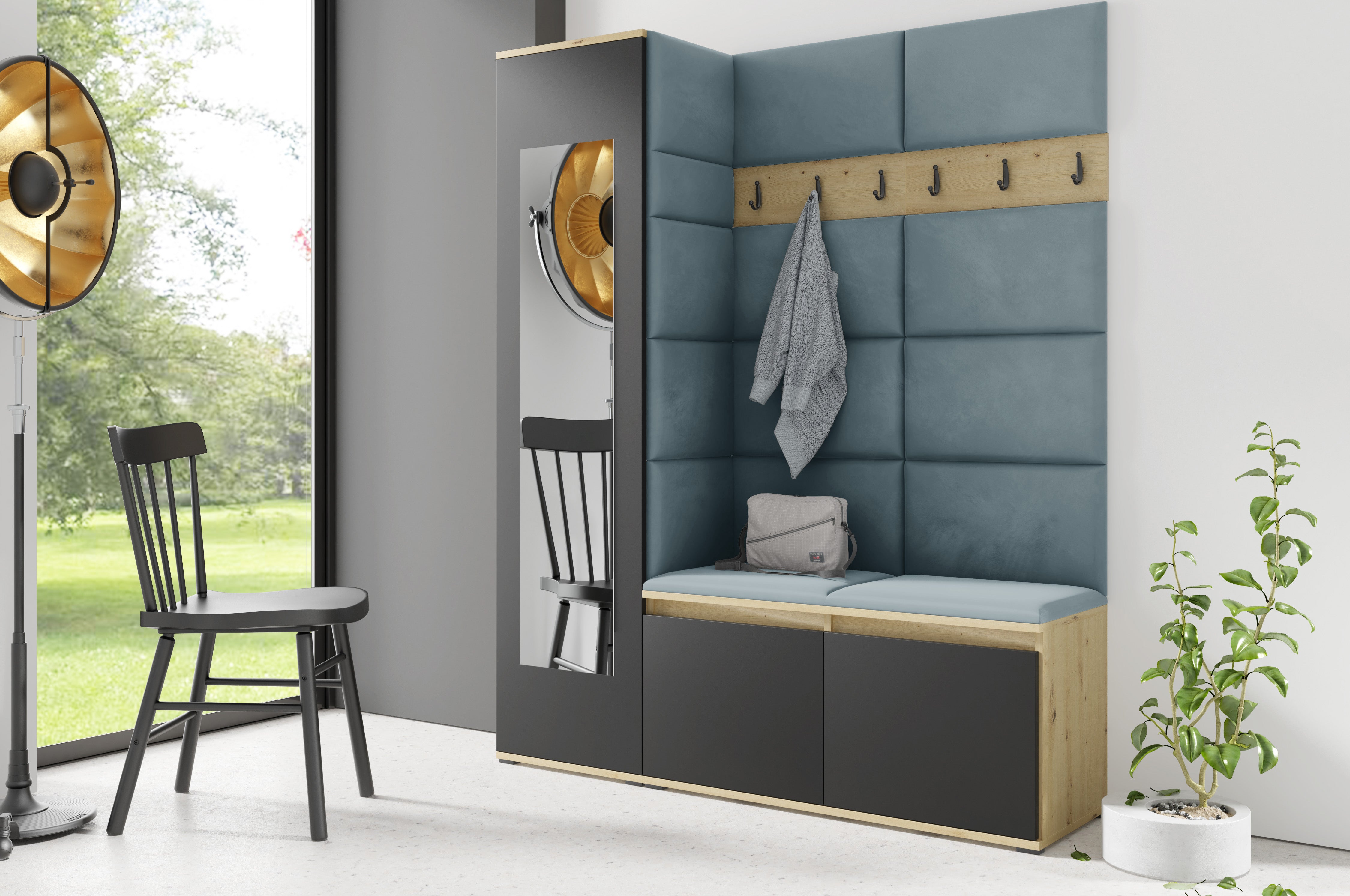 PK Emi 14 Flurgarderobe Artisan Eiche/Schwarz - Polsterpaneele in verschiedenen Farben