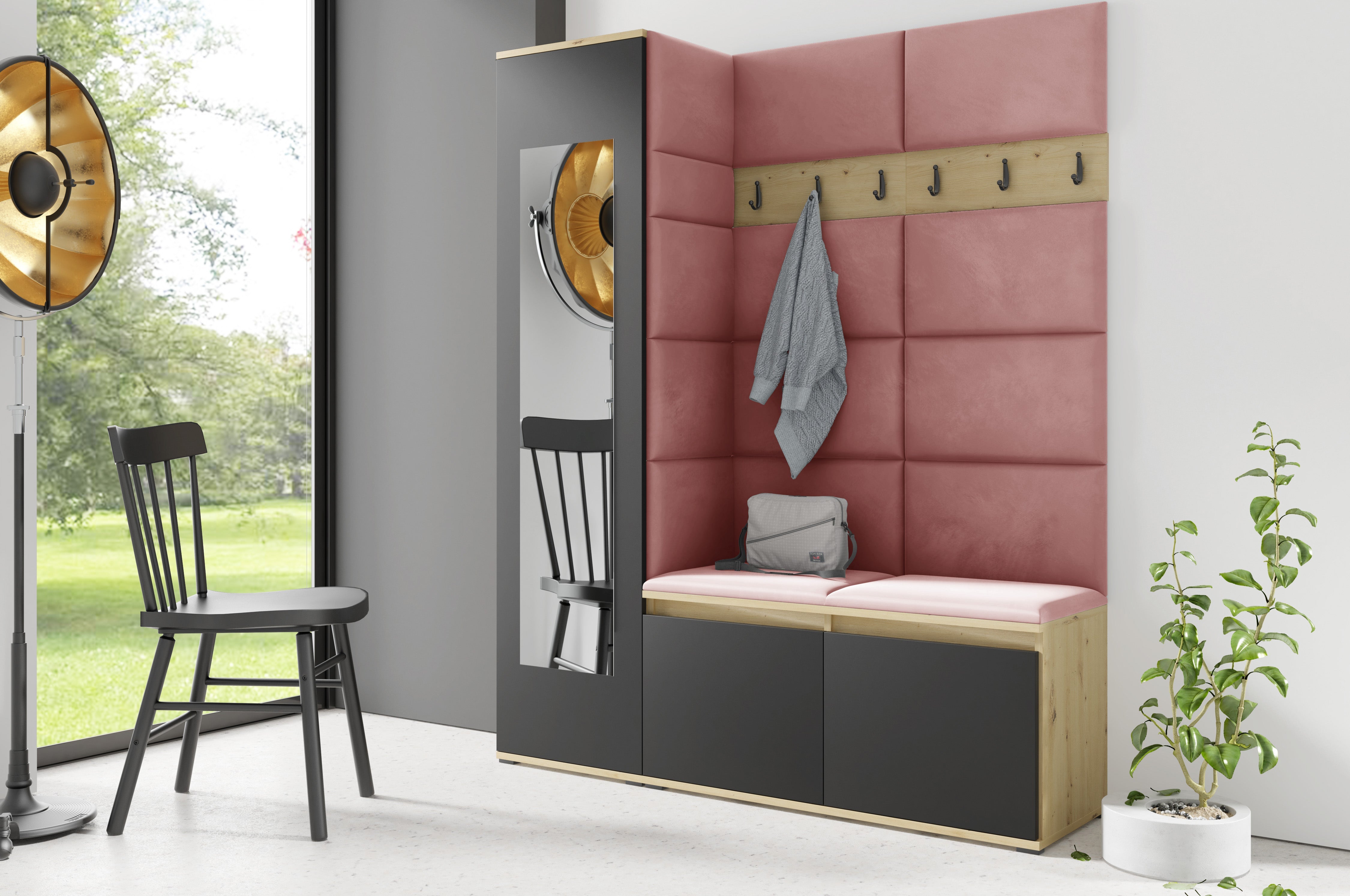 PK Emi 14 Flurgarderobe Artisan Eiche/Schwarz - Polsterpaneele in verschiedenen Farben