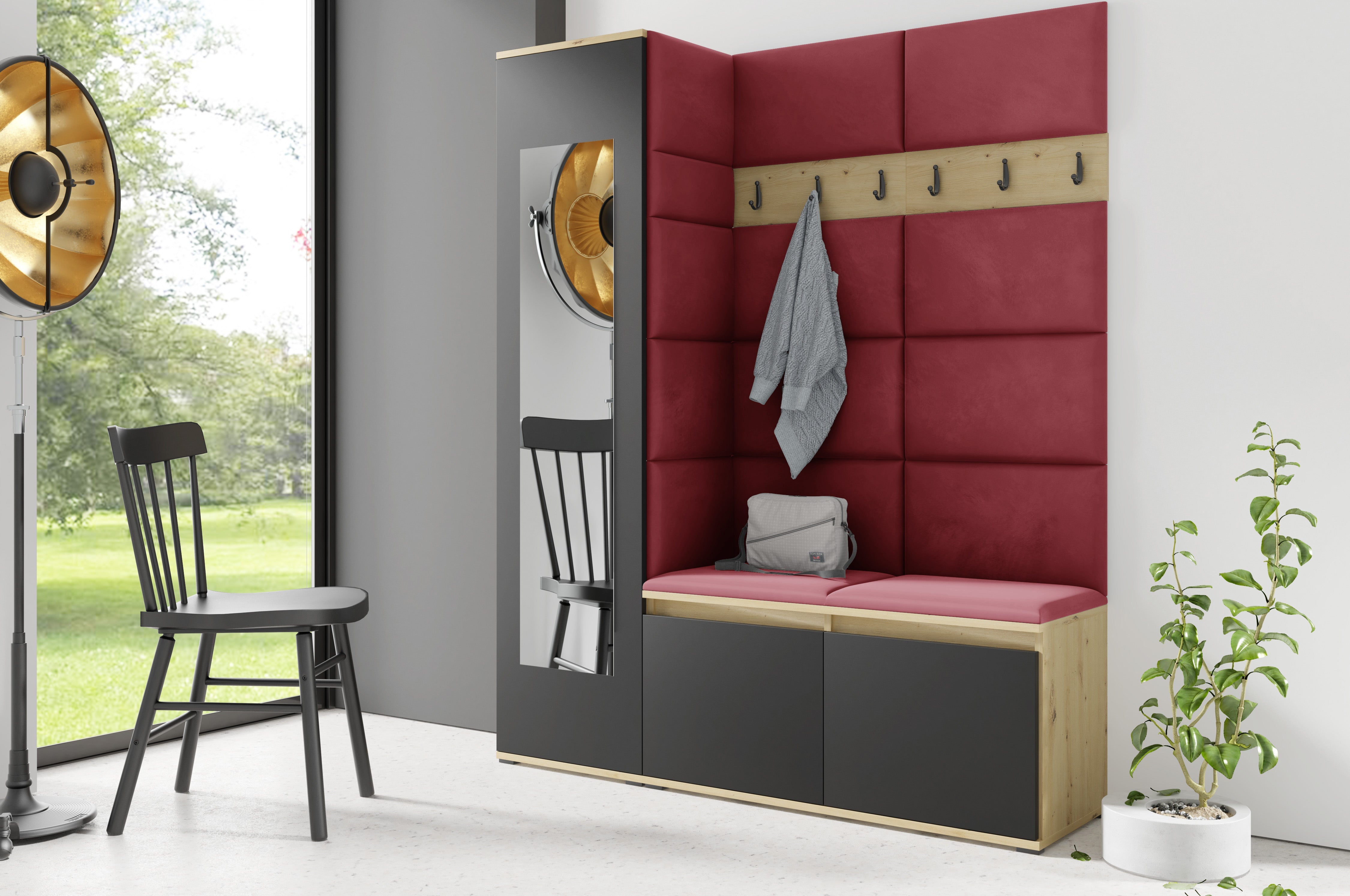 PK Emi 14 Flurgarderobe Artisan Eiche/Schwarz - Polsterpaneele in verschiedenen Farben