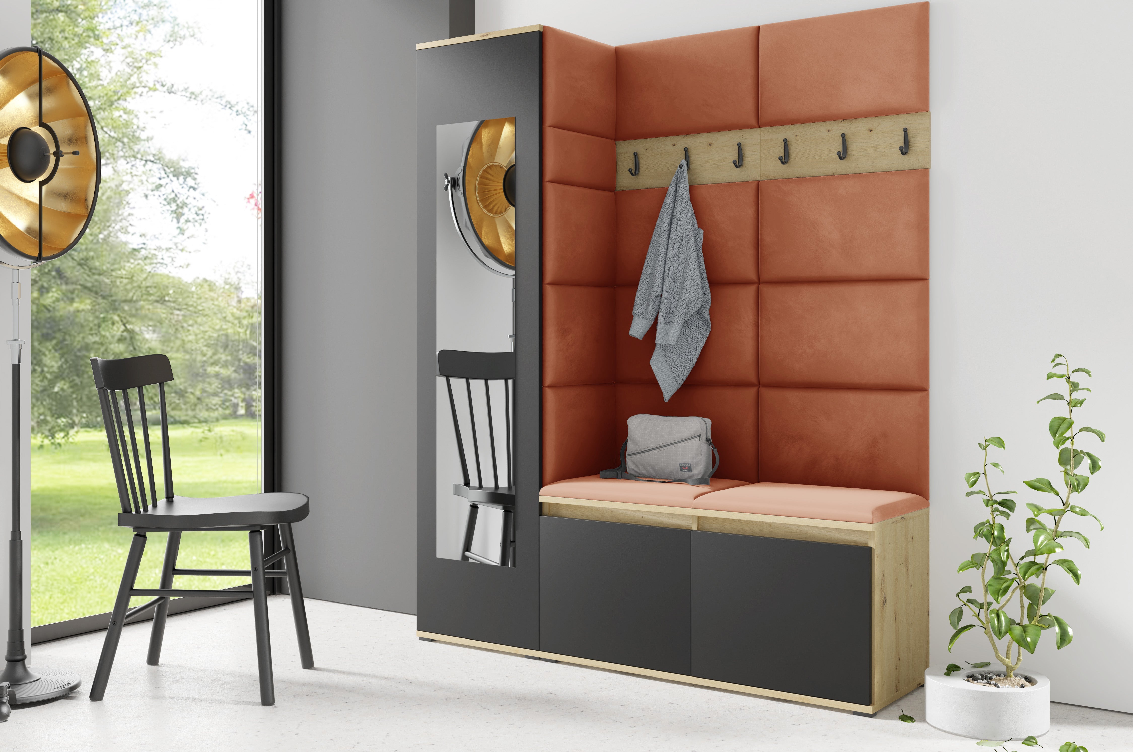 PK Emi 14 Flurgarderobe Artisan Eiche/Schwarz - Polsterpaneele in verschiedenen Farben