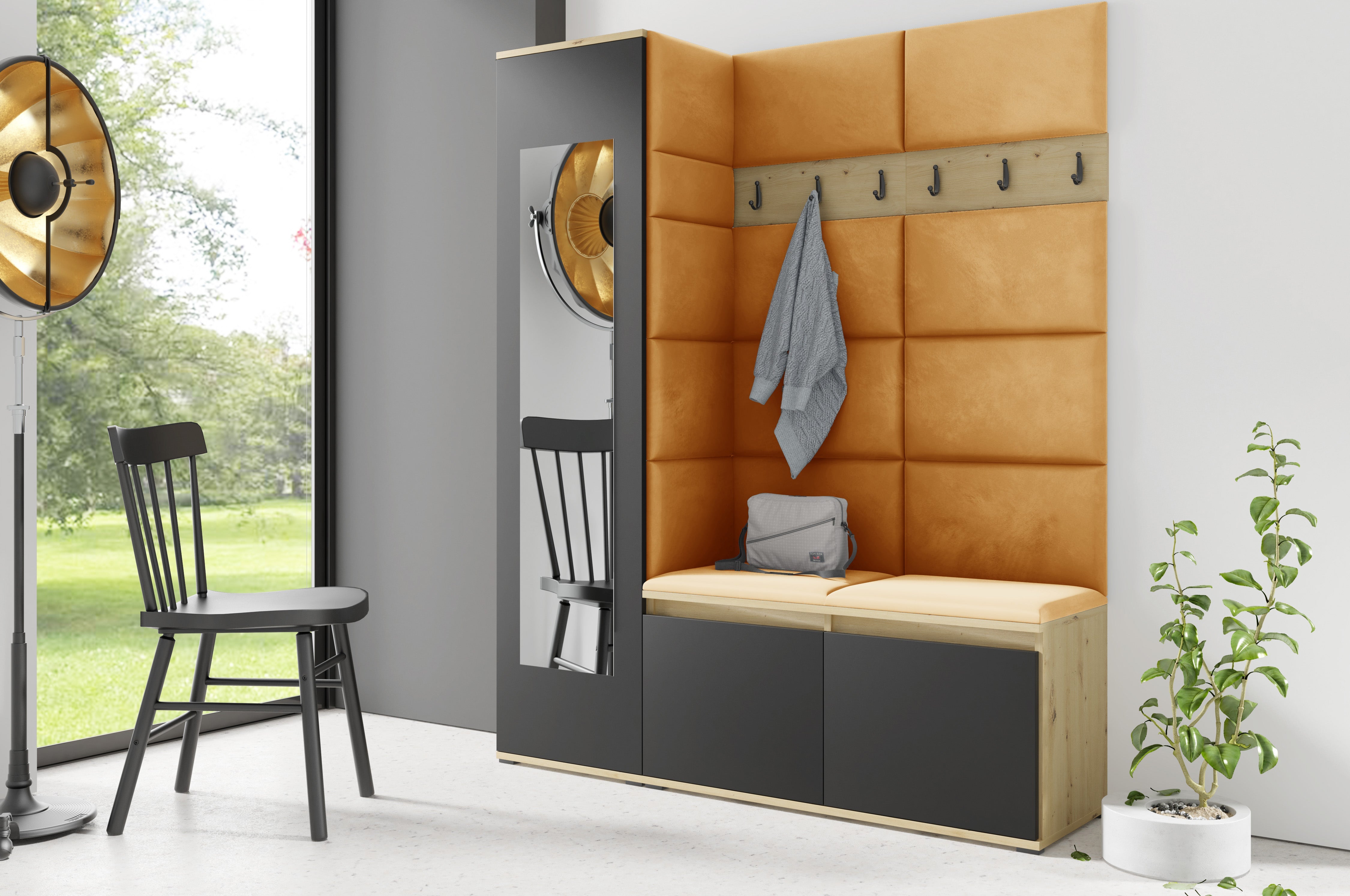 PK Emi 14 Flurgarderobe Artisan Eiche/Schwarz - Polsterpaneele in verschiedenen Farben