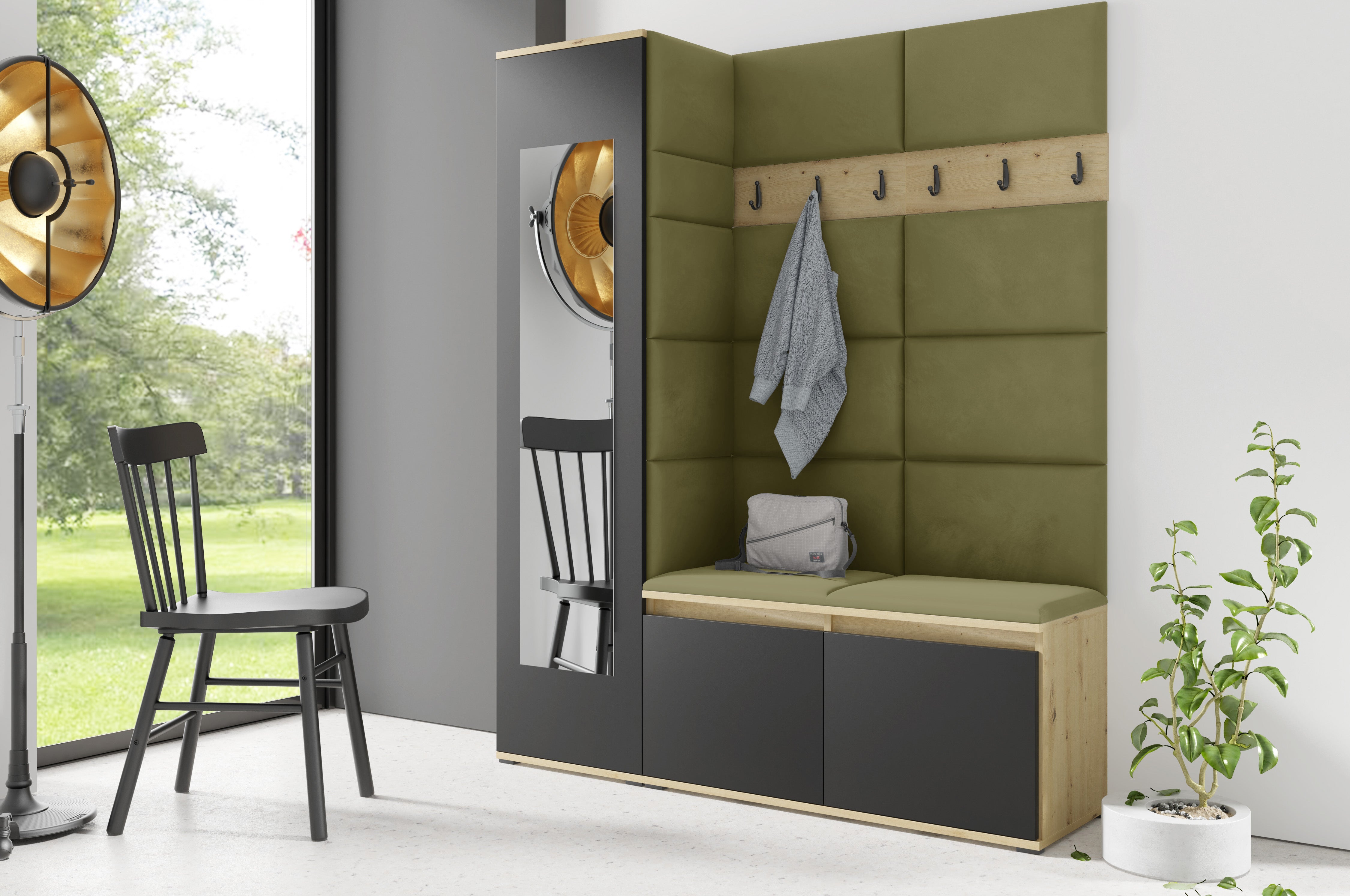 PK Emi 14 Flurgarderobe Artisan Eiche/Schwarz - Polsterpaneele in verschiedenen Farben