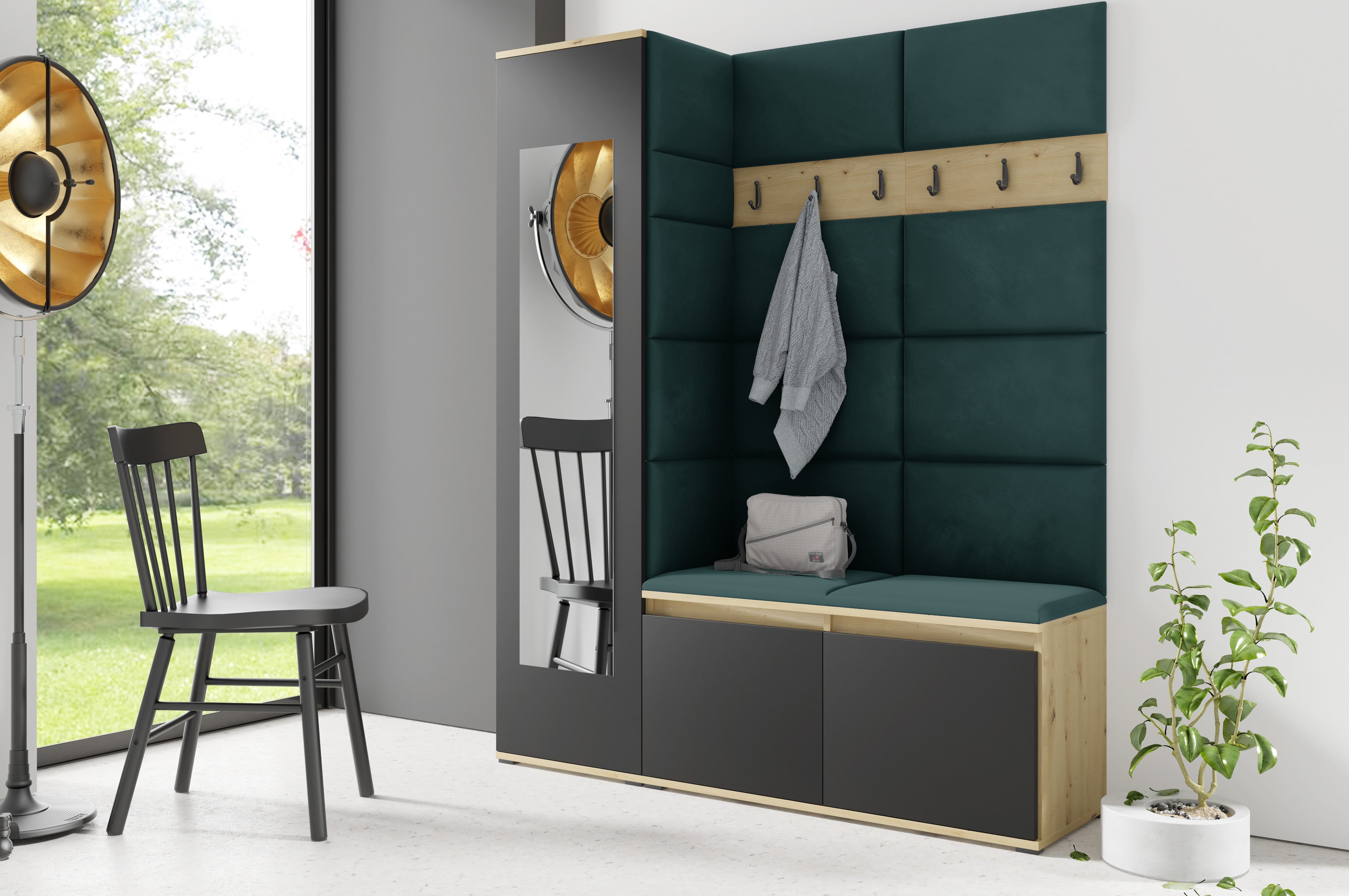 PK Emi 14 Flurgarderobe Artisan Eiche/Schwarz - Polsterpaneele in verschiedenen Farben