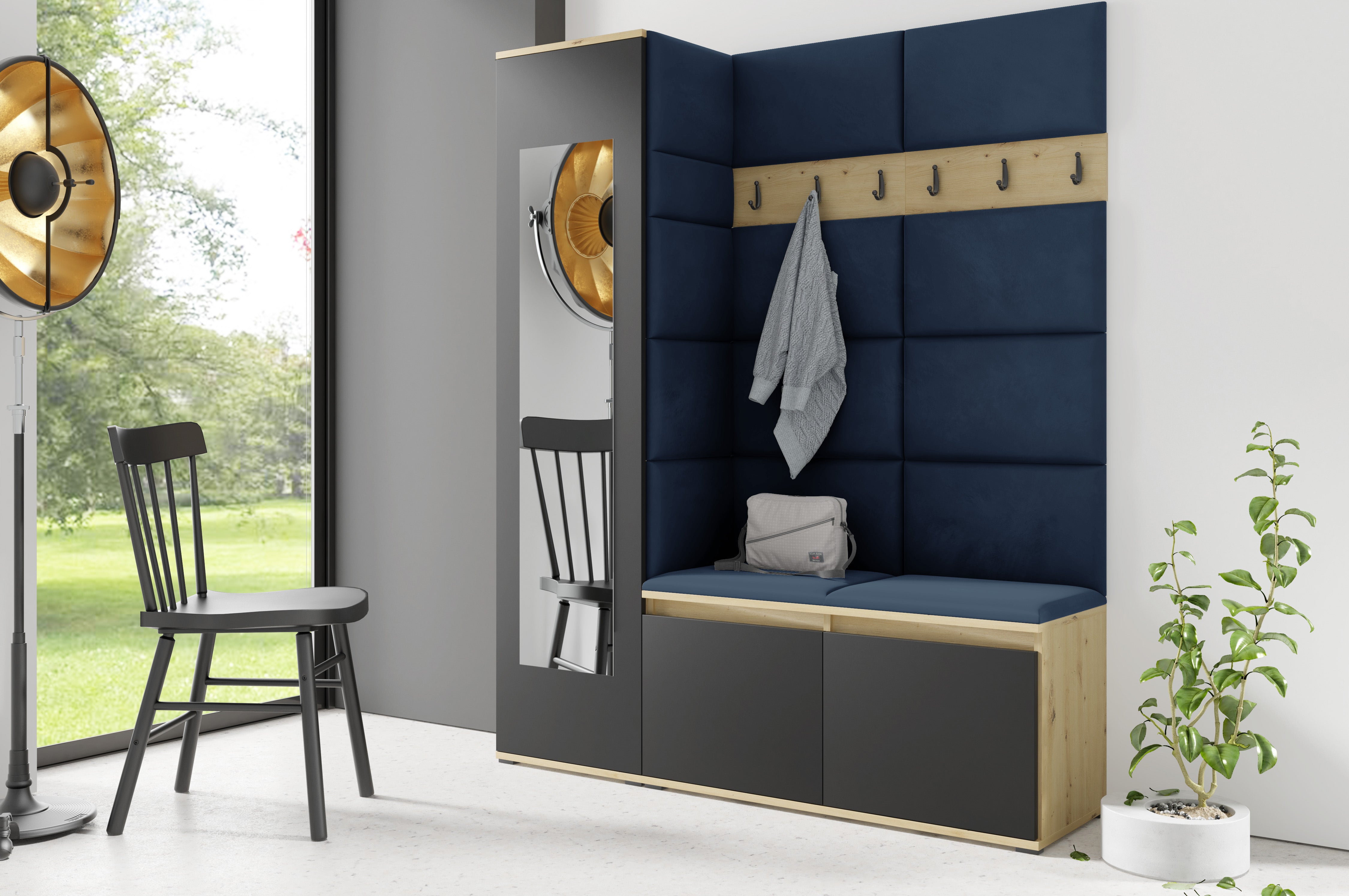 PK Emi 14 Flurgarderobe Artisan Eiche/Schwarz - Polsterpaneele in verschiedenen Farben