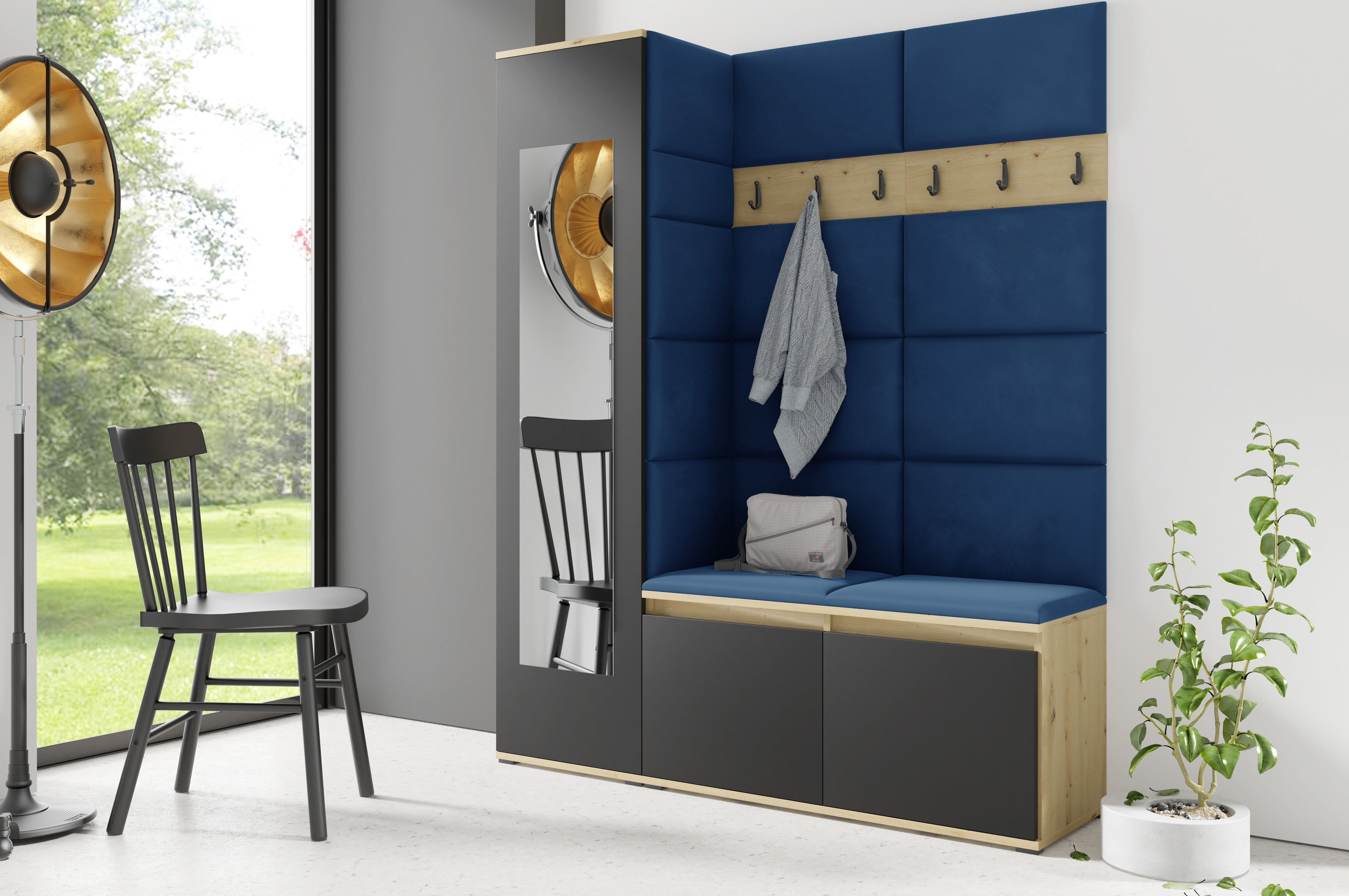PK Emi 14 Flurgarderobe Artisan Eiche/Schwarz - Polsterpaneele in verschiedenen Farben
