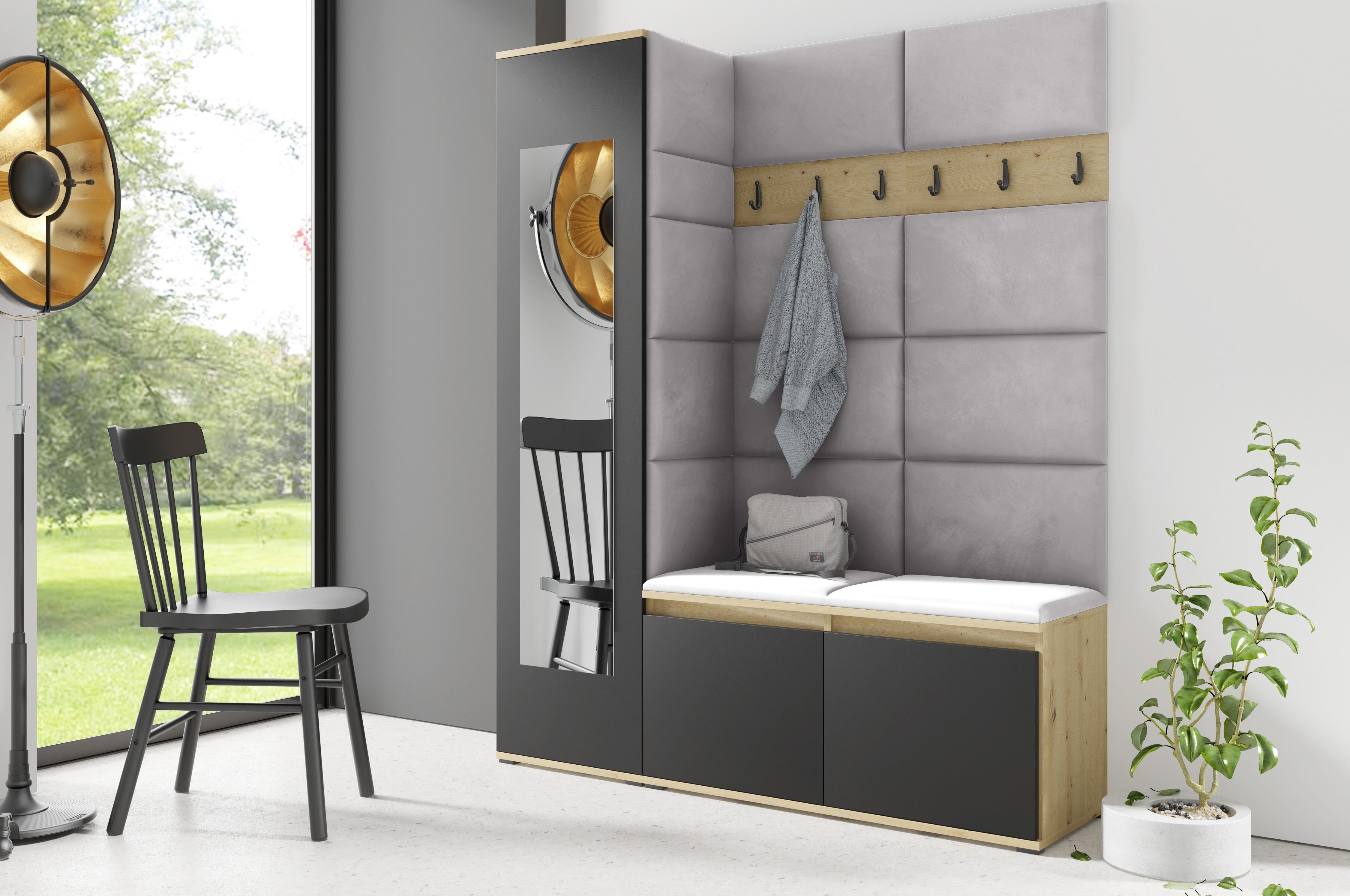 PK Emi 14 Flurgarderobe Artisan Eiche/Schwarz - Polsterpaneele in verschiedenen Farben