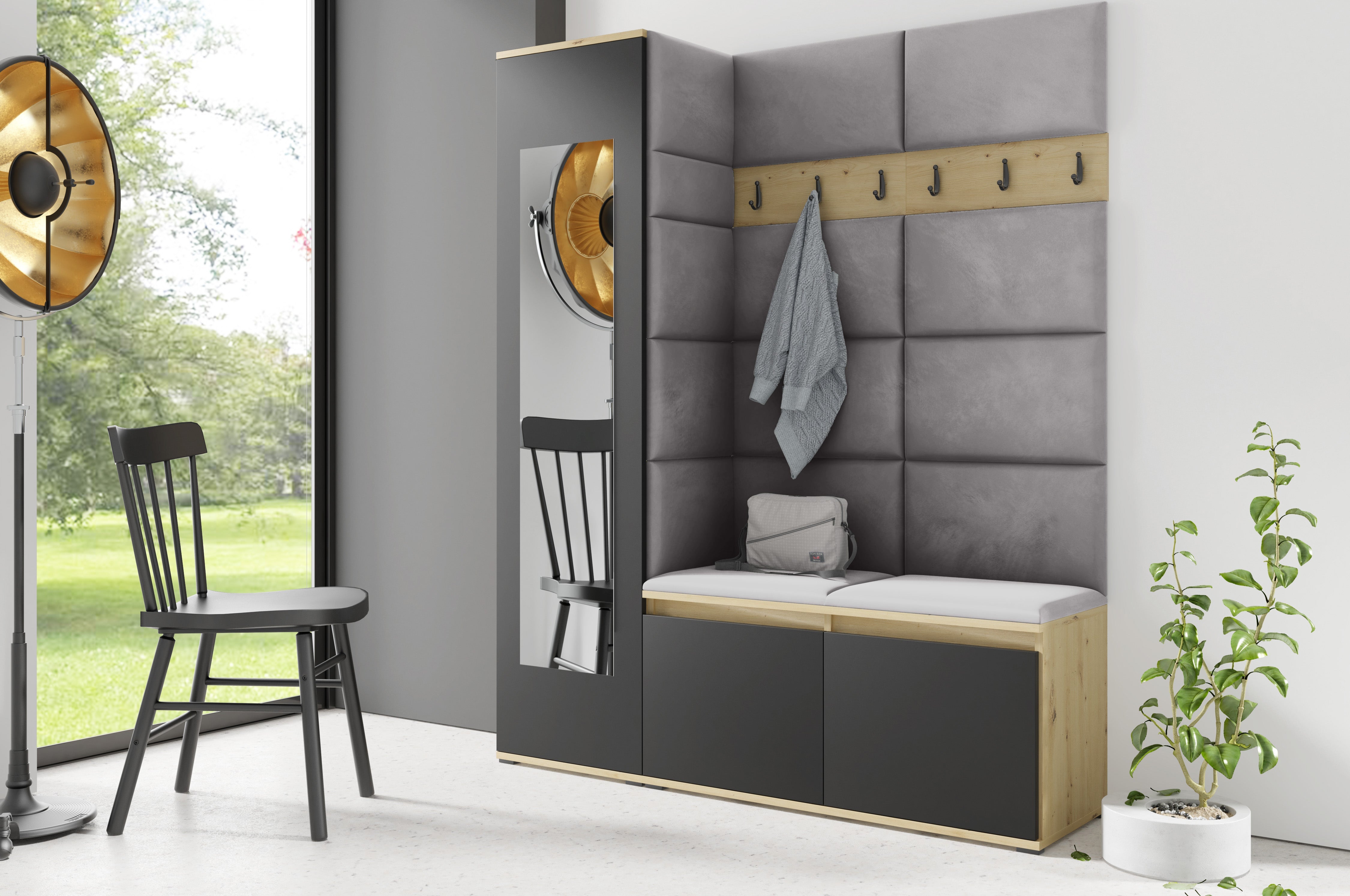 PK Emi 14 Flurgarderobe Artisan Eiche/Schwarz - Polsterpaneele in verschiedenen Farben