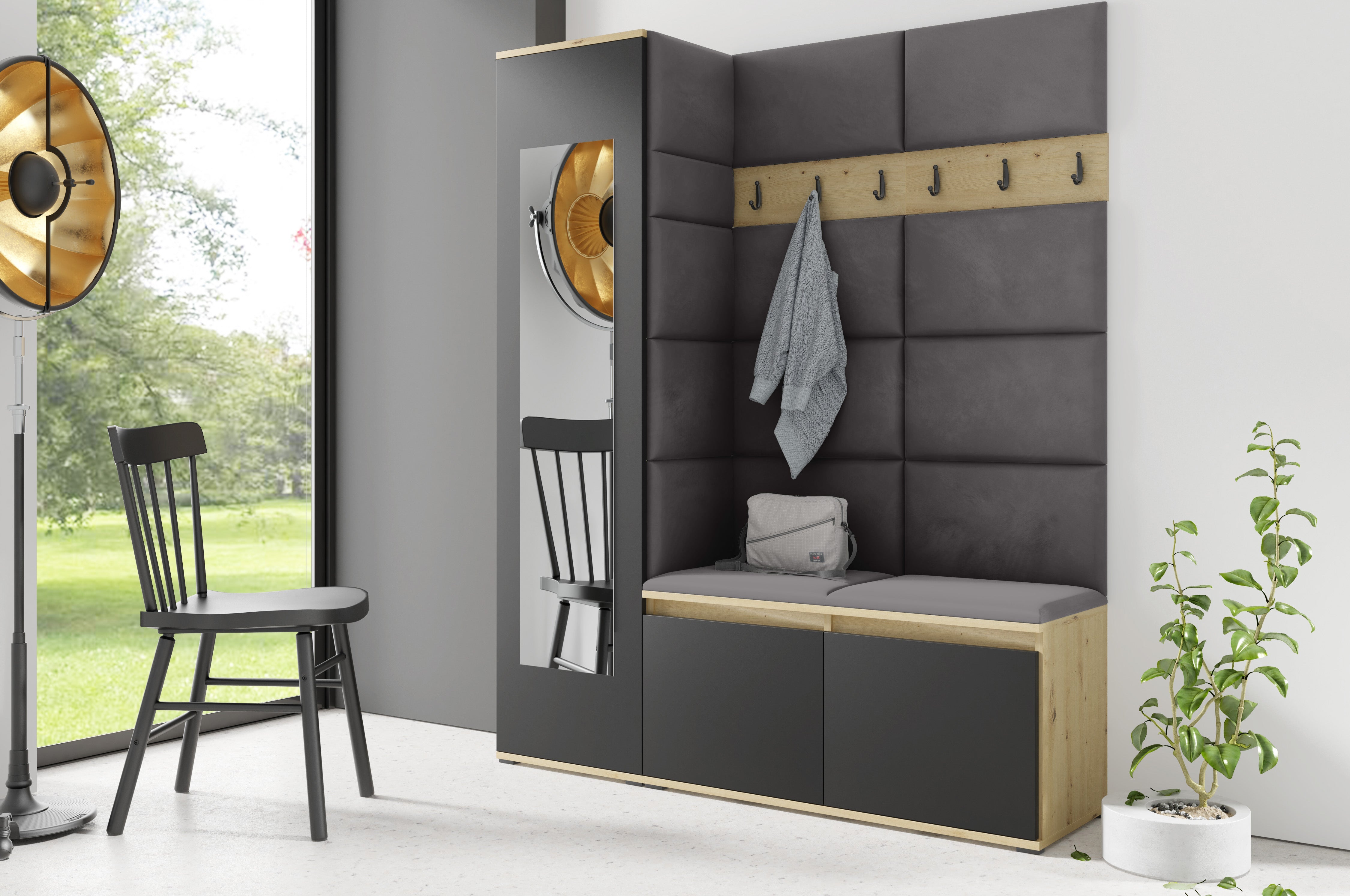 PK Emi 14 Flurgarderobe Artisan Eiche/Schwarz - Polsterpaneele in verschiedenen Farben