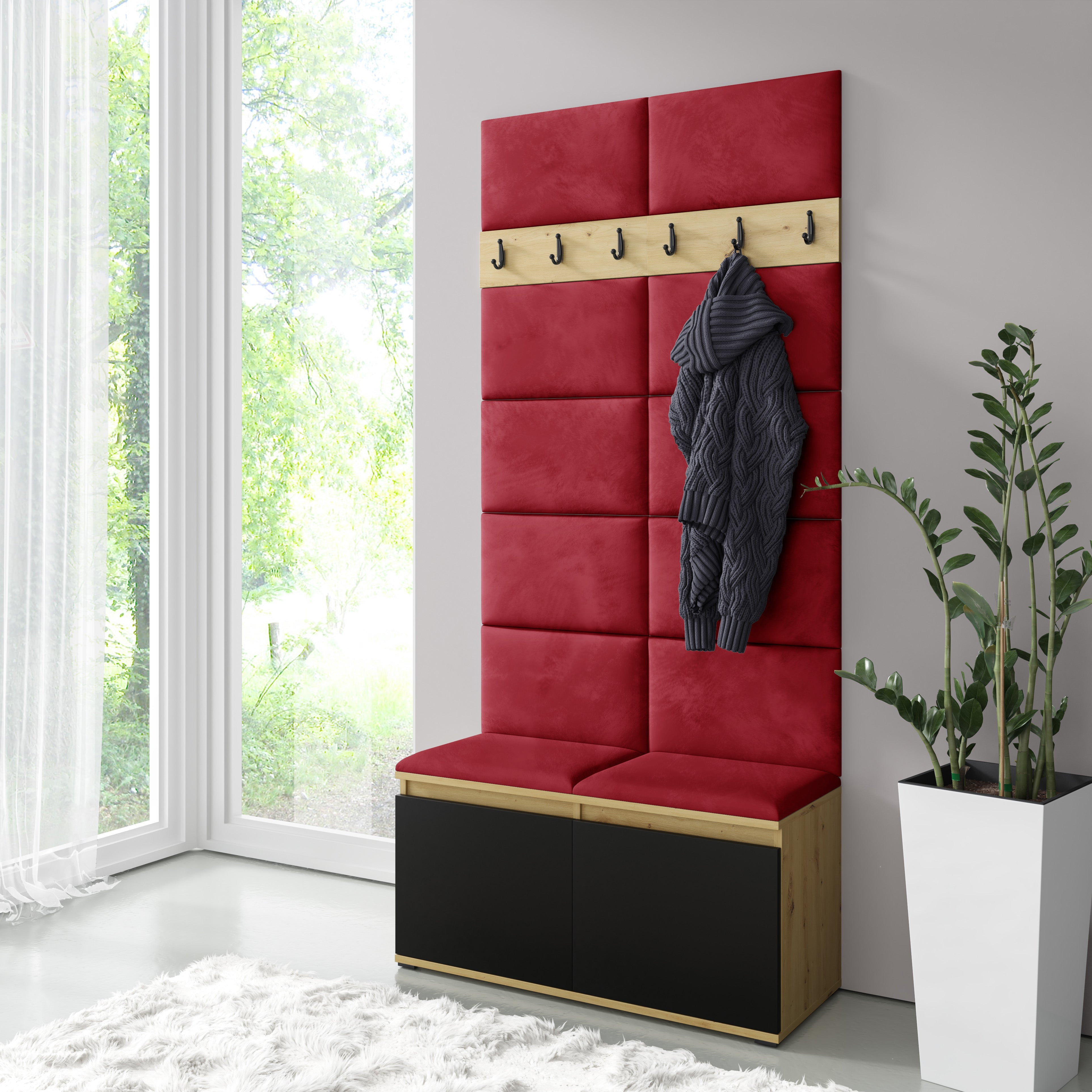 PK Emi 1 Hallway Wardrobe  Artisan Oak / Black - Ruby Red