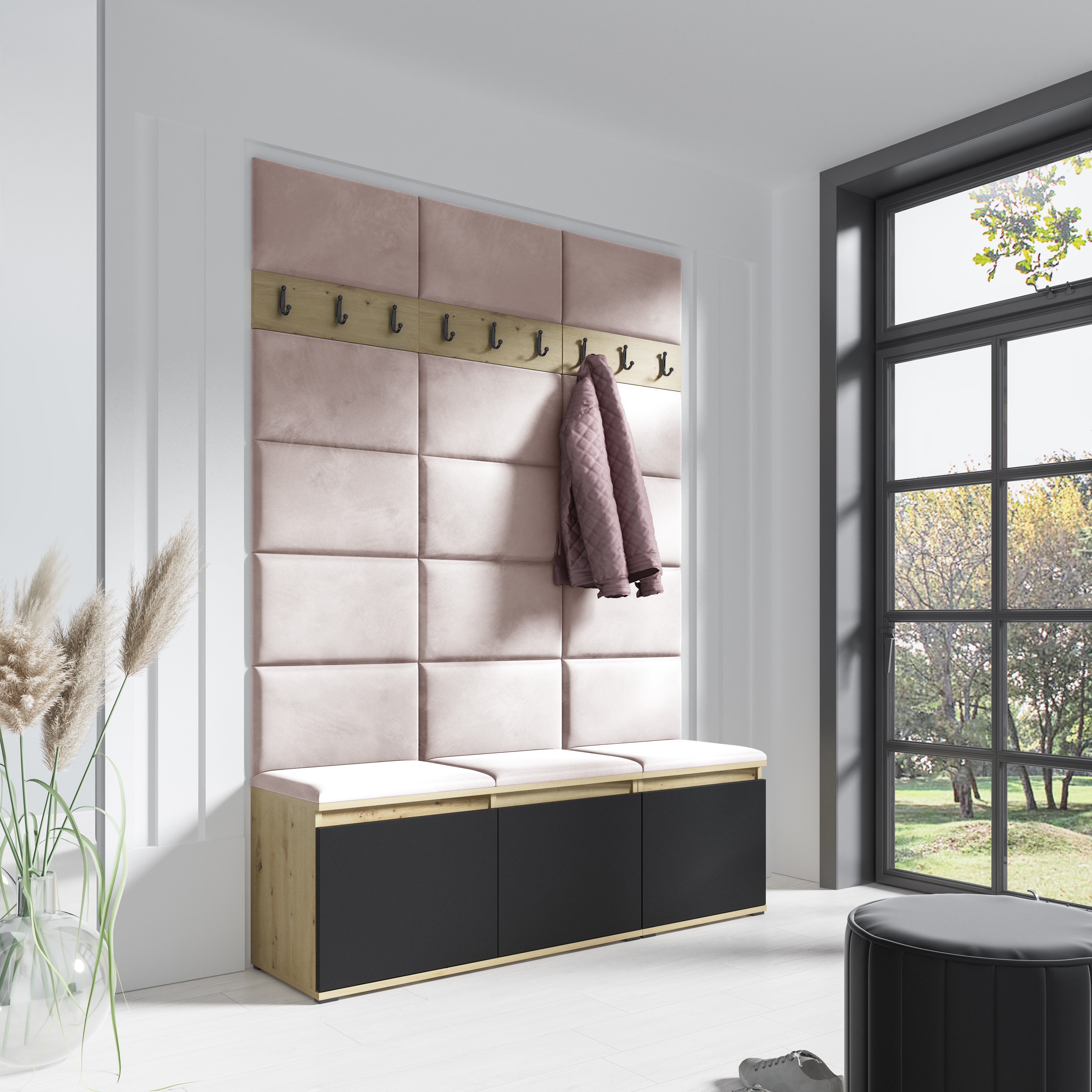 PK Emi 6 Hallway Wardrobe Artisan Oak / Black - Upholstered Panels in Various Colours