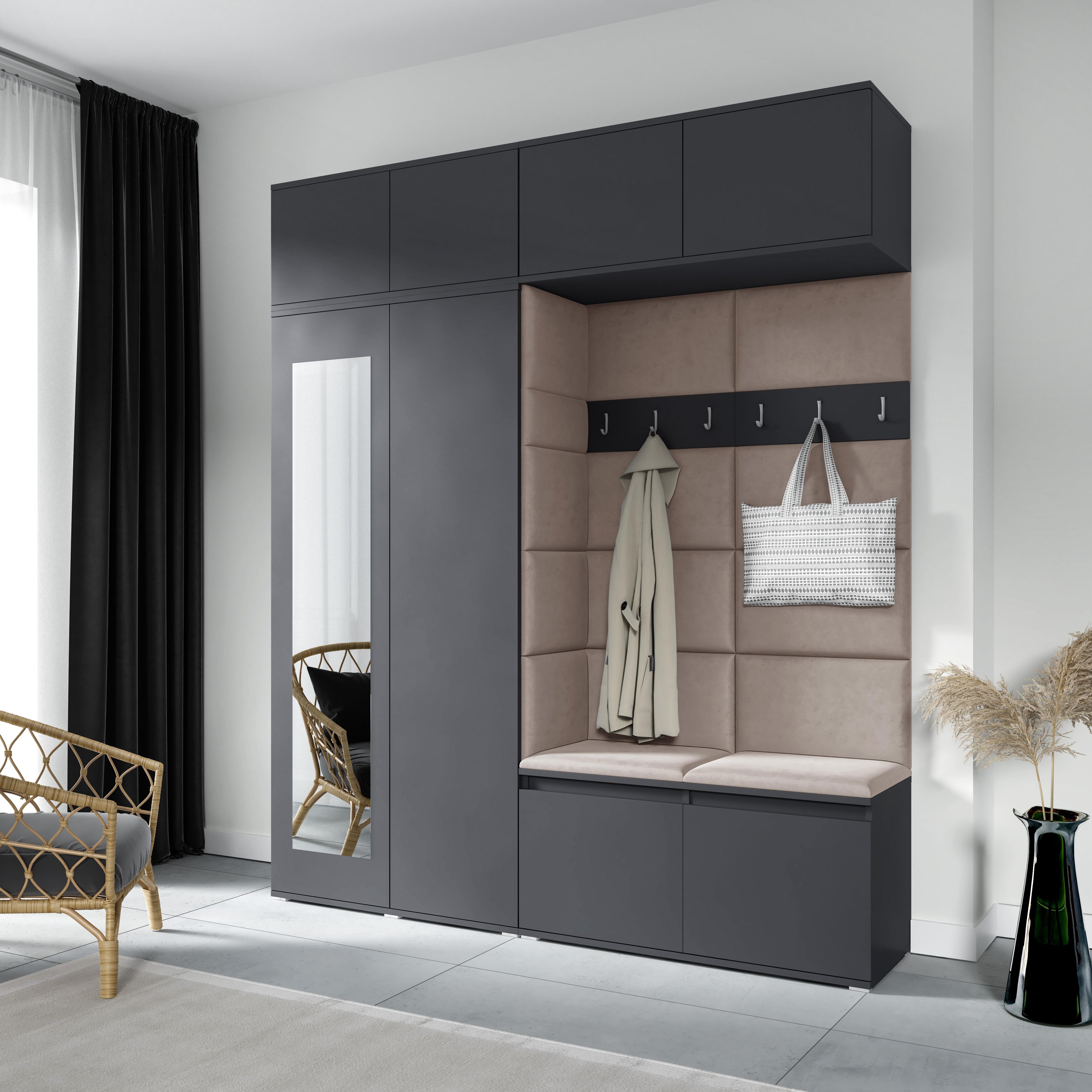 PK Emi 16 Hallway Wardrobe Graphite - Upholstered Panels in Various Colours