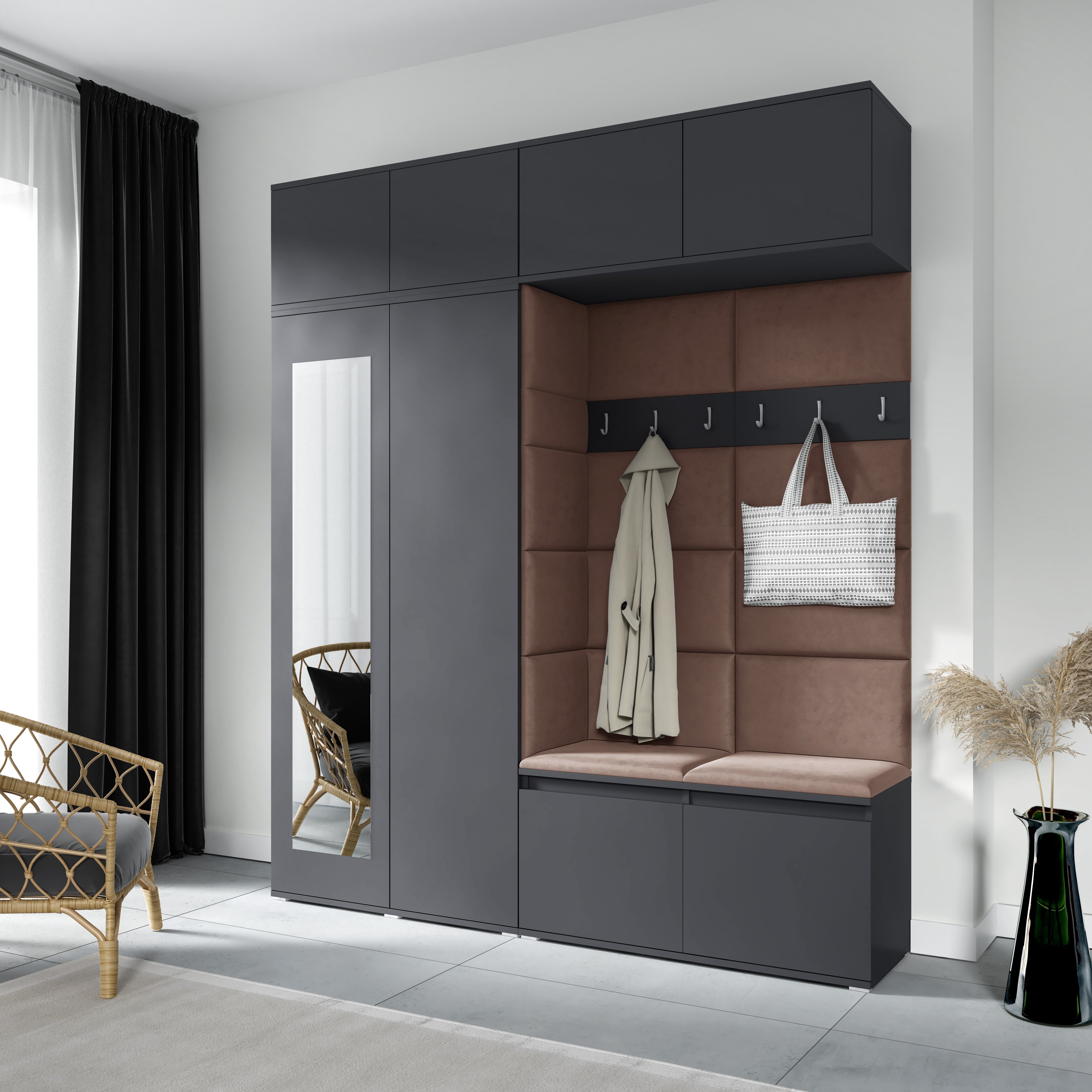 PK Emi 16 Hallway Wardrobe Graphite - Upholstered Panels in Various Colours
