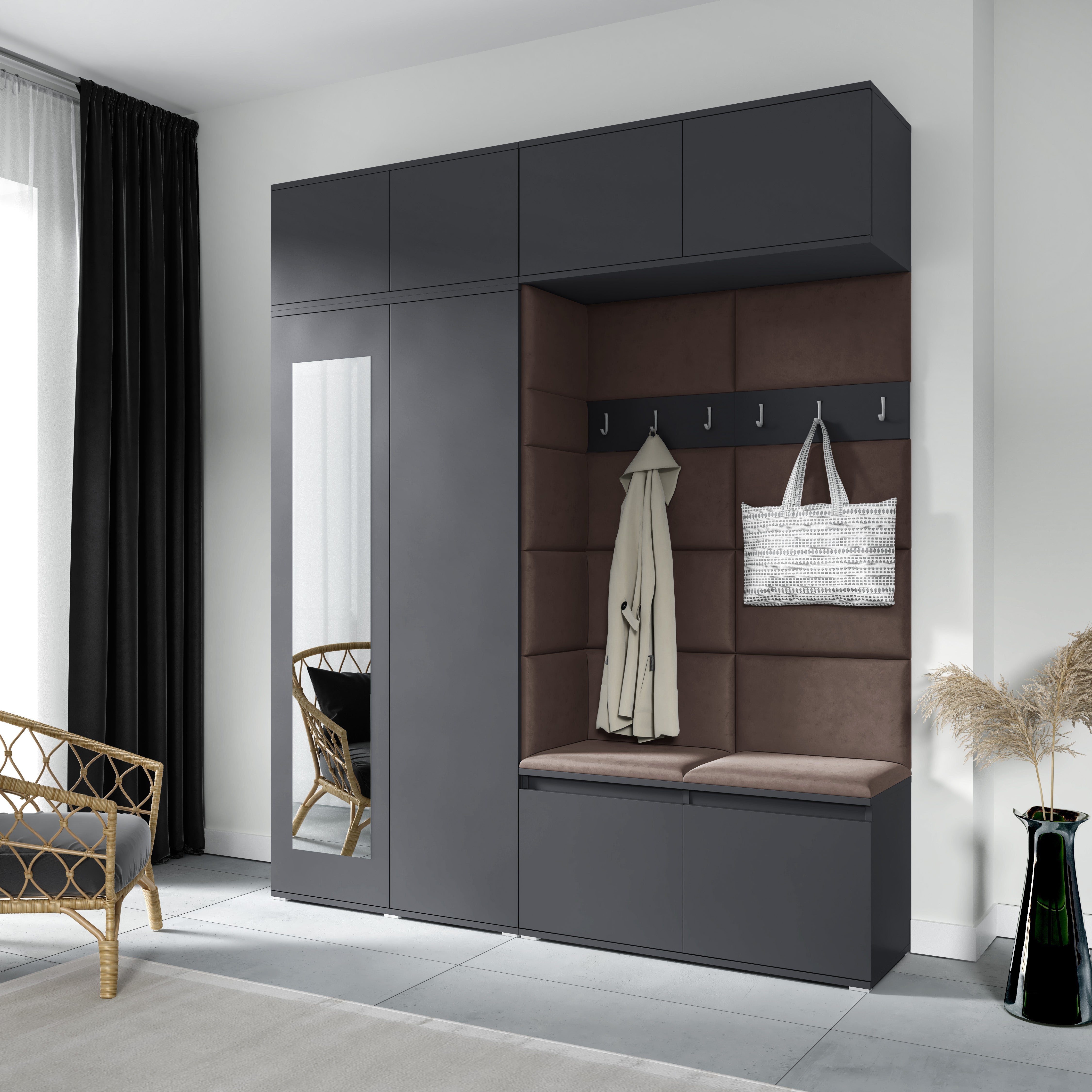 PK Emi 16 Hallway Wardrobe Graphite - Upholstered Panels in Various Colours