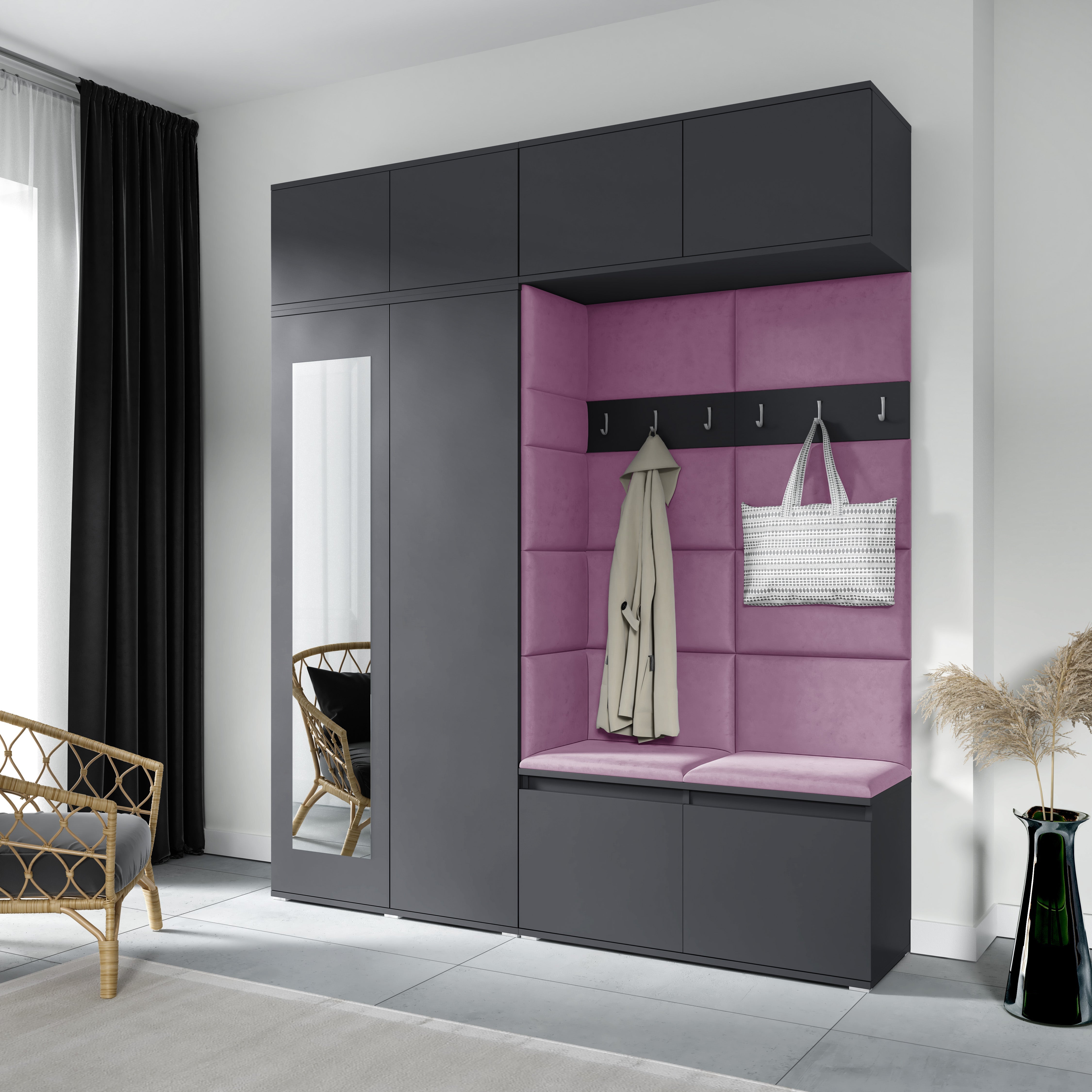 PK Emi 16 Hallway Wardrobe Graphite - Upholstered Panels in Various Colours