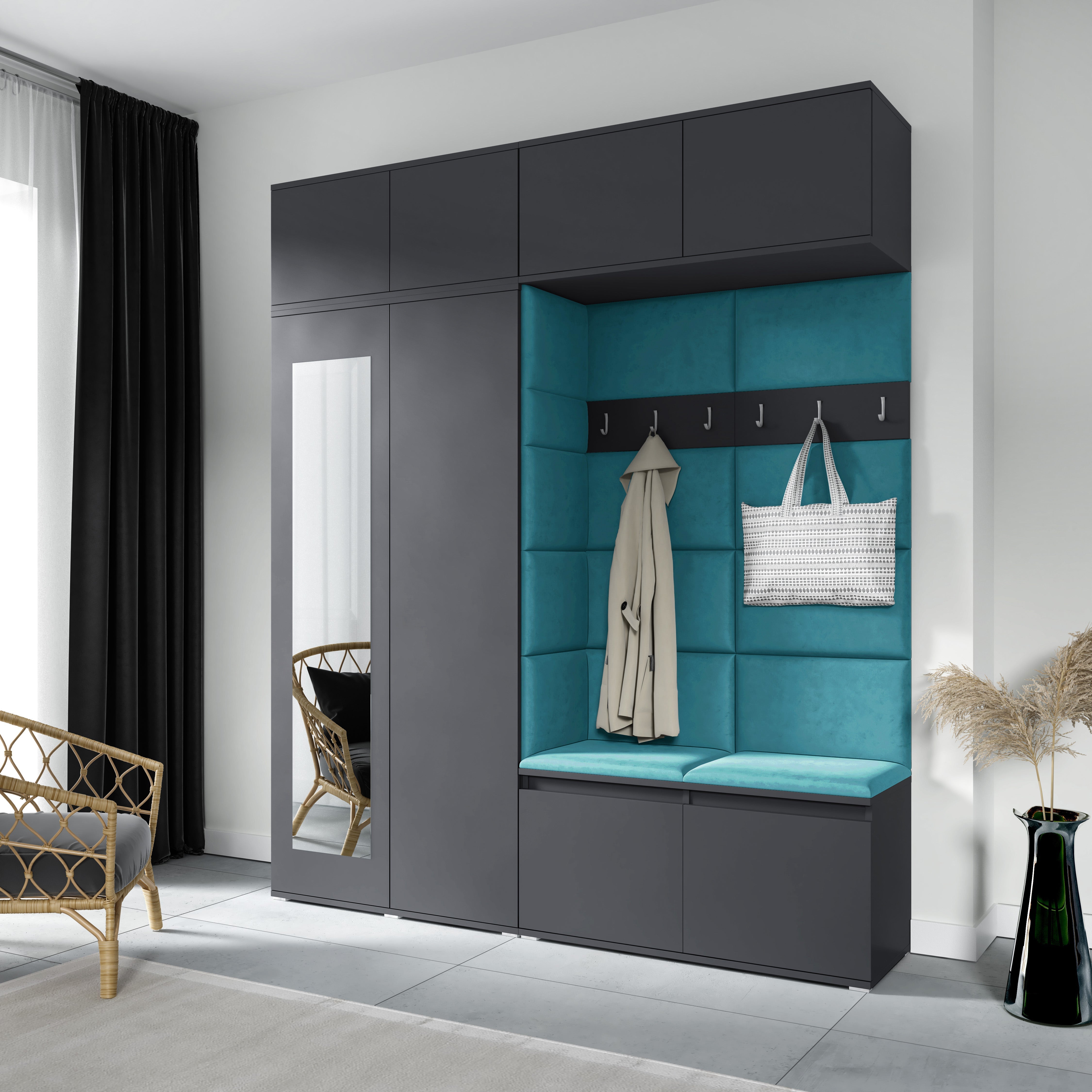 PK Emi 16 Hallway Wardrobe Graphite - Upholstered Panels in Various Colours