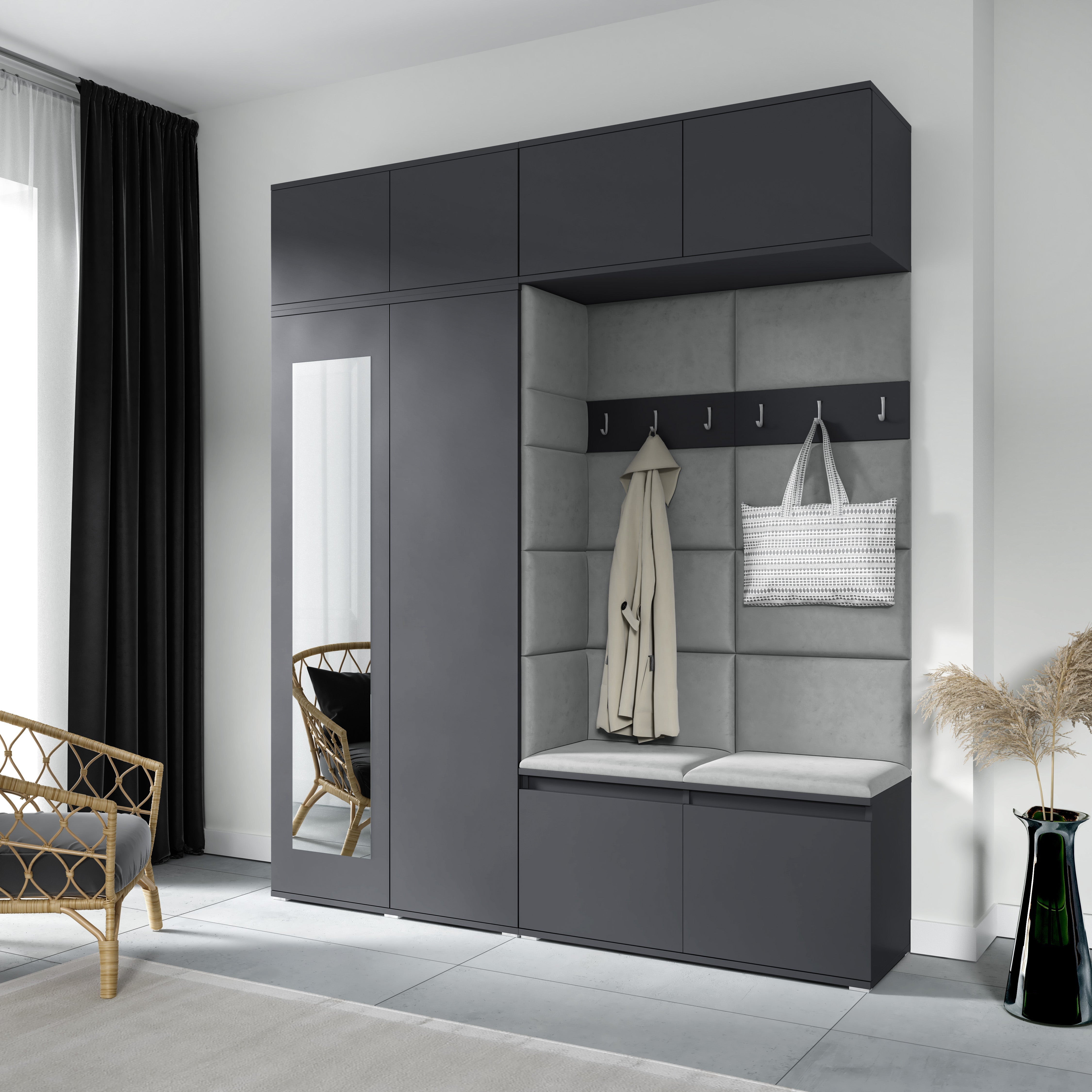 PK Emi 16 Hallway Wardrobe Graphite - Upholstered Panels in Various Colours