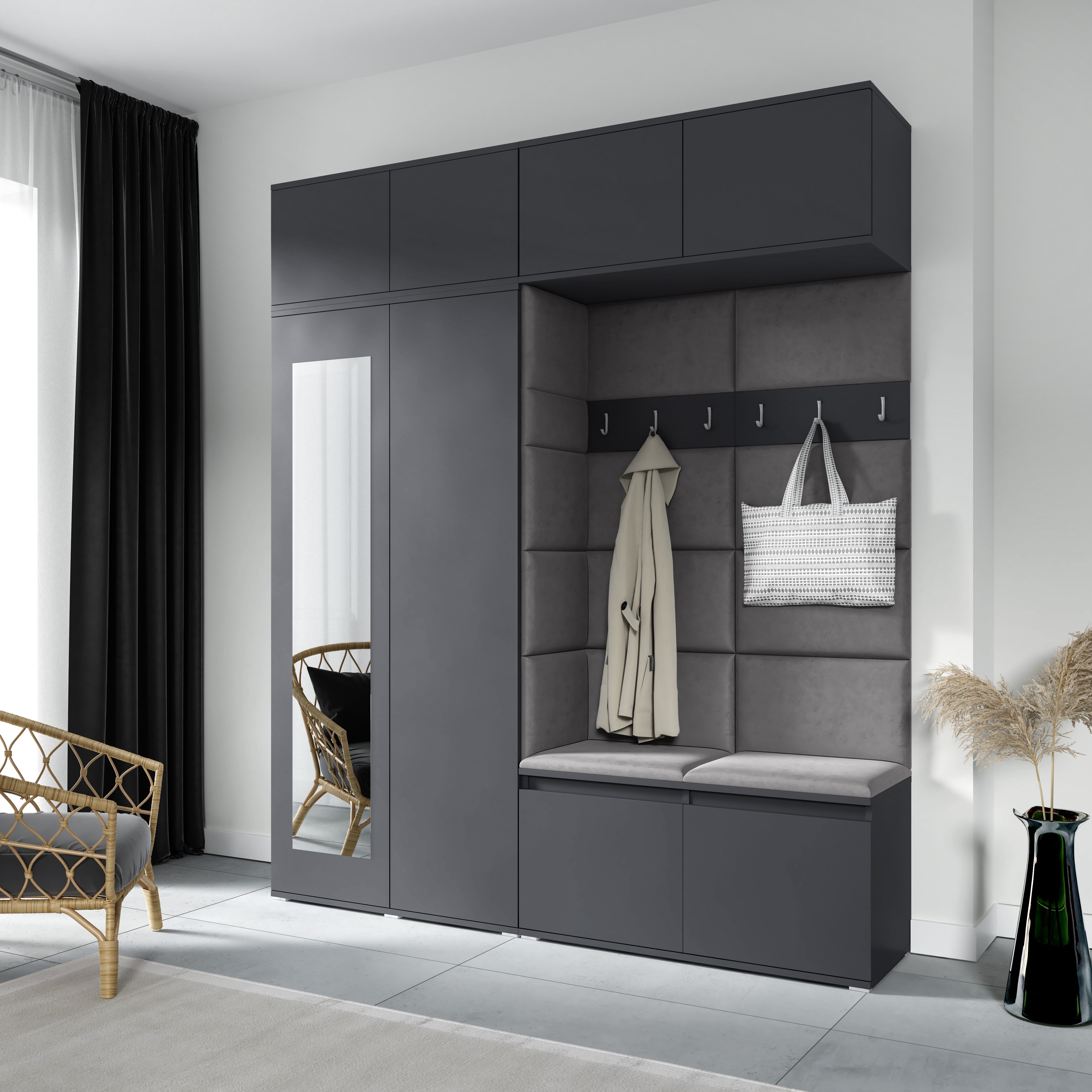 PK Emi 16 Hallway Wardrobe Graphite - Upholstered Panels in Various Colours