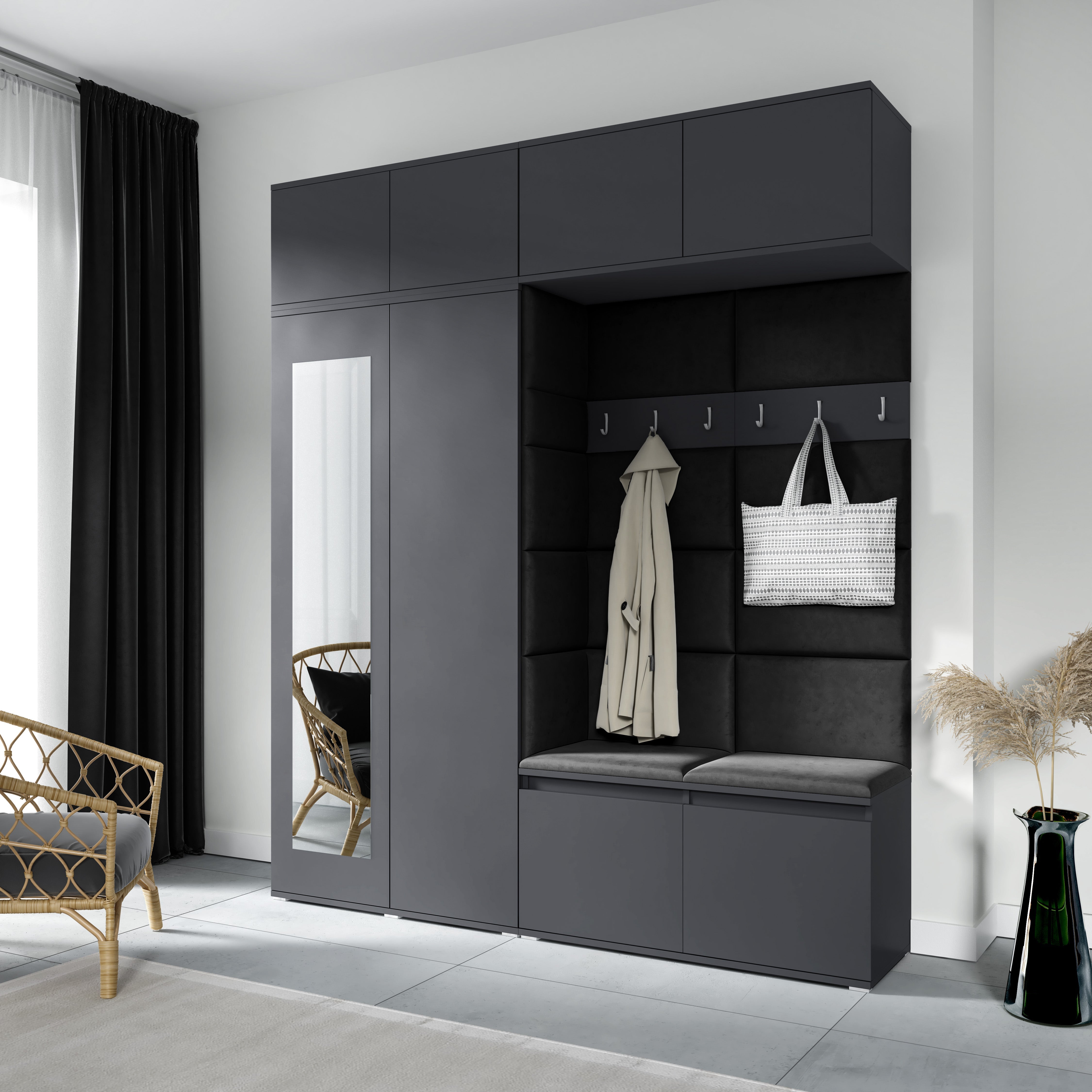 PK Emi 16 Hallway Wardrobe Graphite - Upholstered Panels in Various Colours