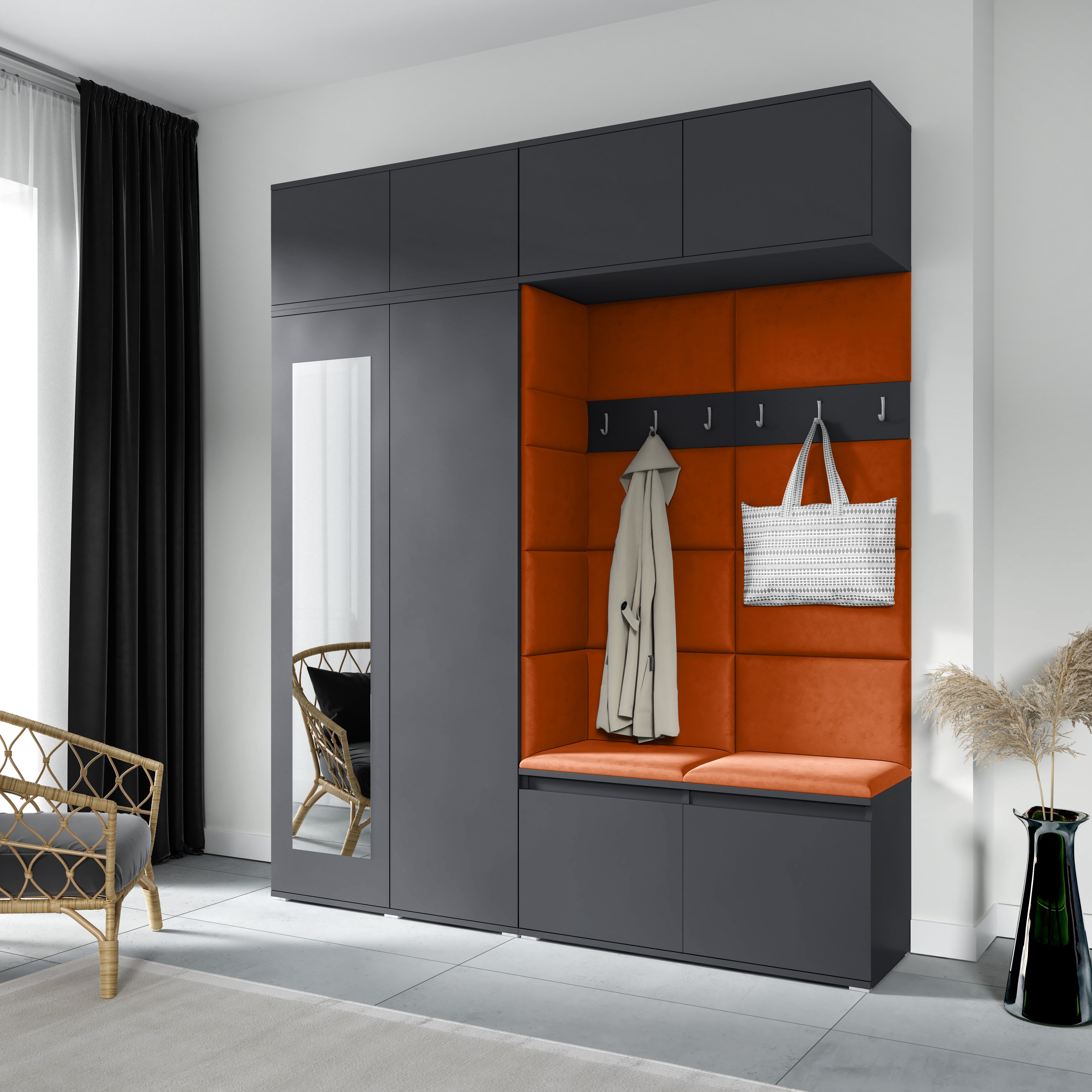PK Emi 16 Hallway Wardrobe Graphite - Upholstered Panels in Various Colours