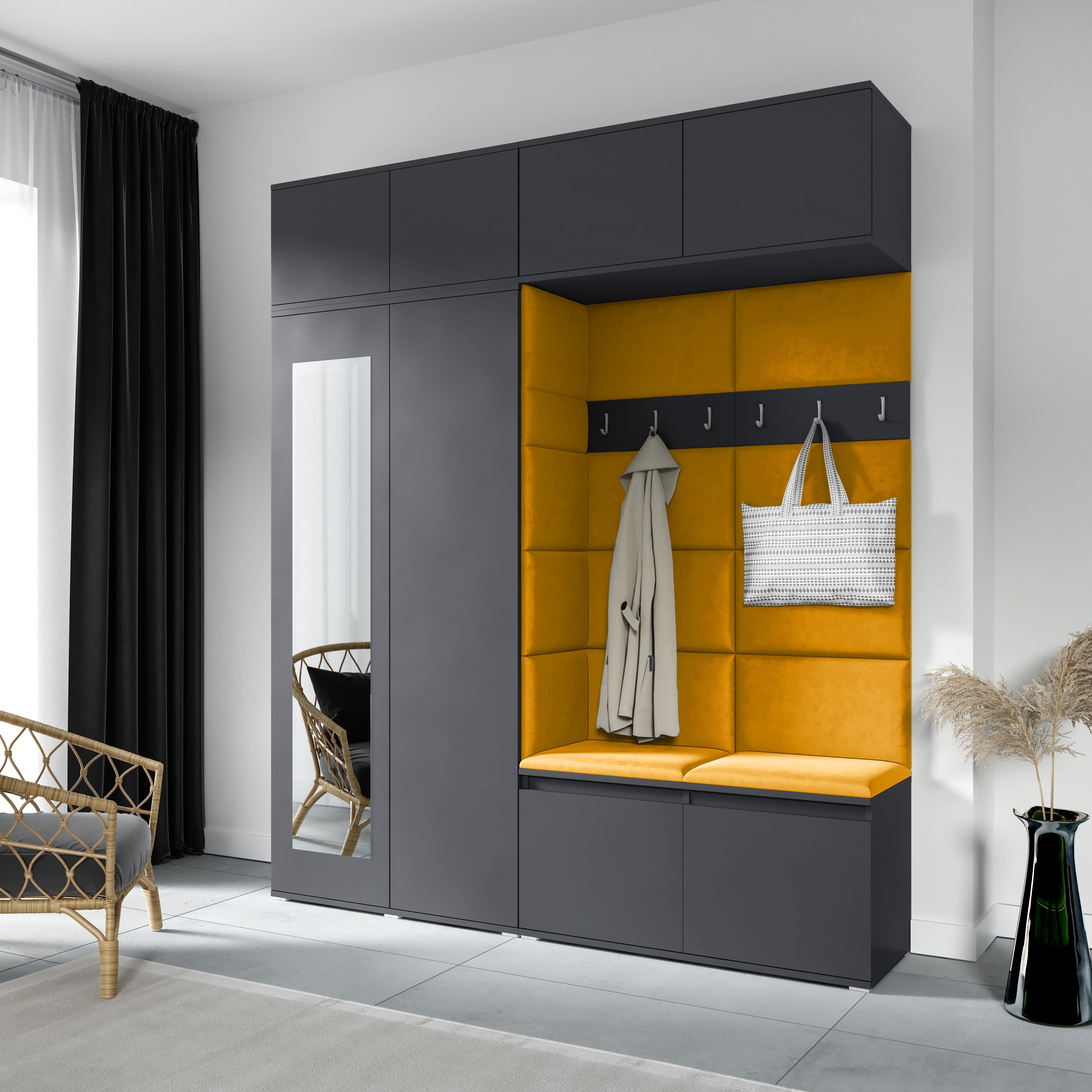 PK Emi 16 Hallway Wardrobe Graphite - Upholstered Panels in Various Colours