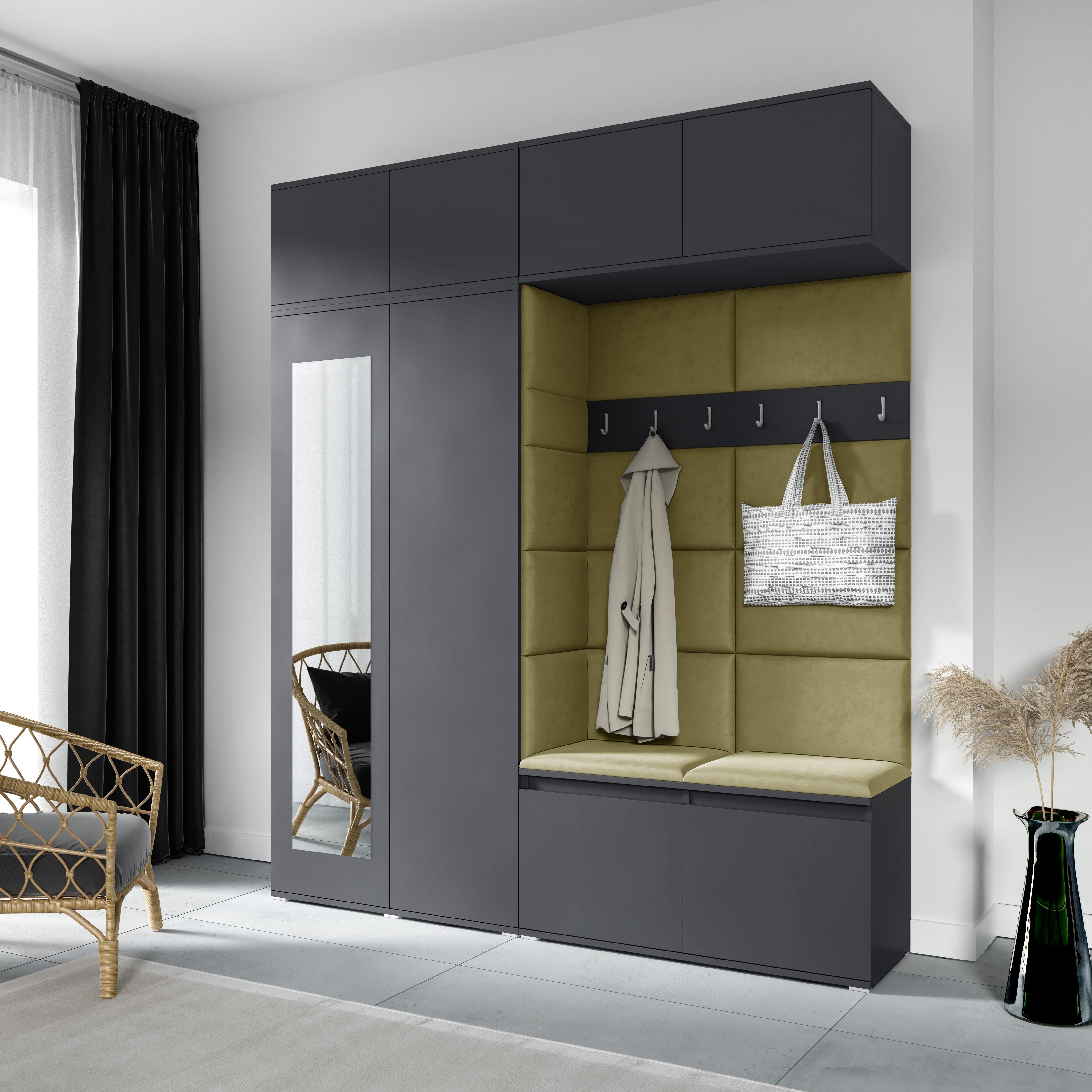 PK Emi 16 Hallway Wardrobe Graphite - Upholstered Panels in Various Colours