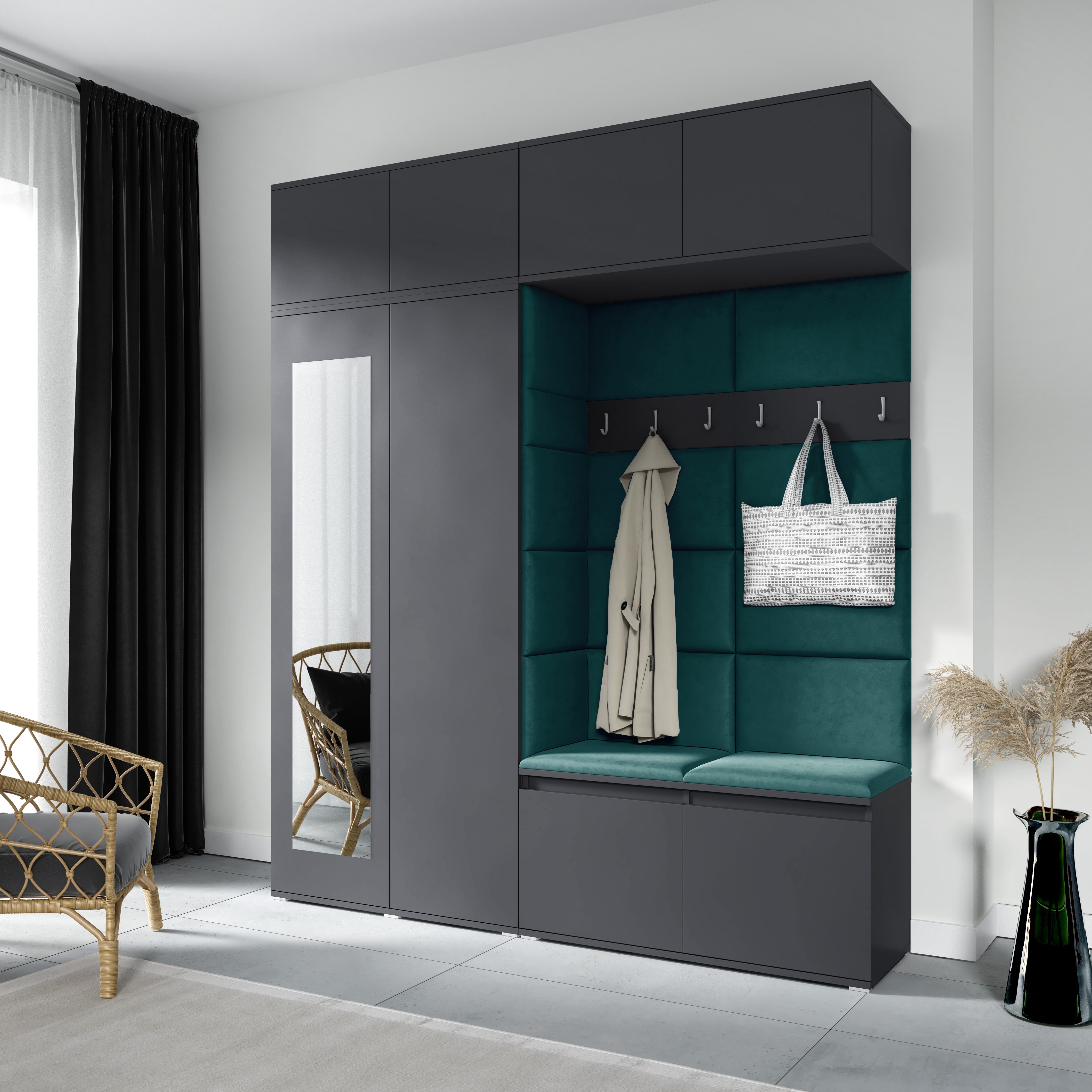 PK Emi 16 Hallway Wardrobe Graphite - Upholstered Panels in Various Colours