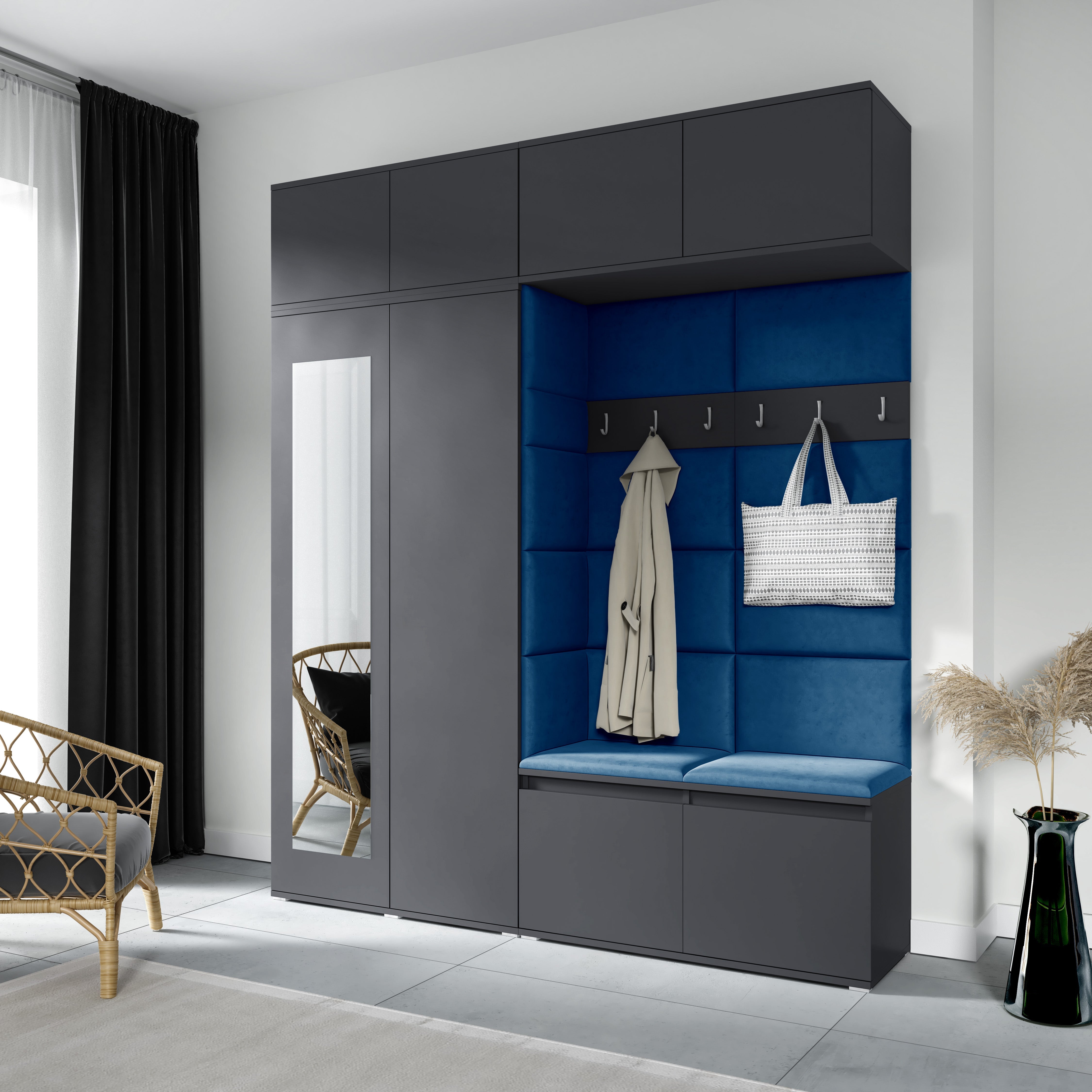 PK Emi 16 Hallway Wardrobe Graphite - Upholstered Panels in Various Colours