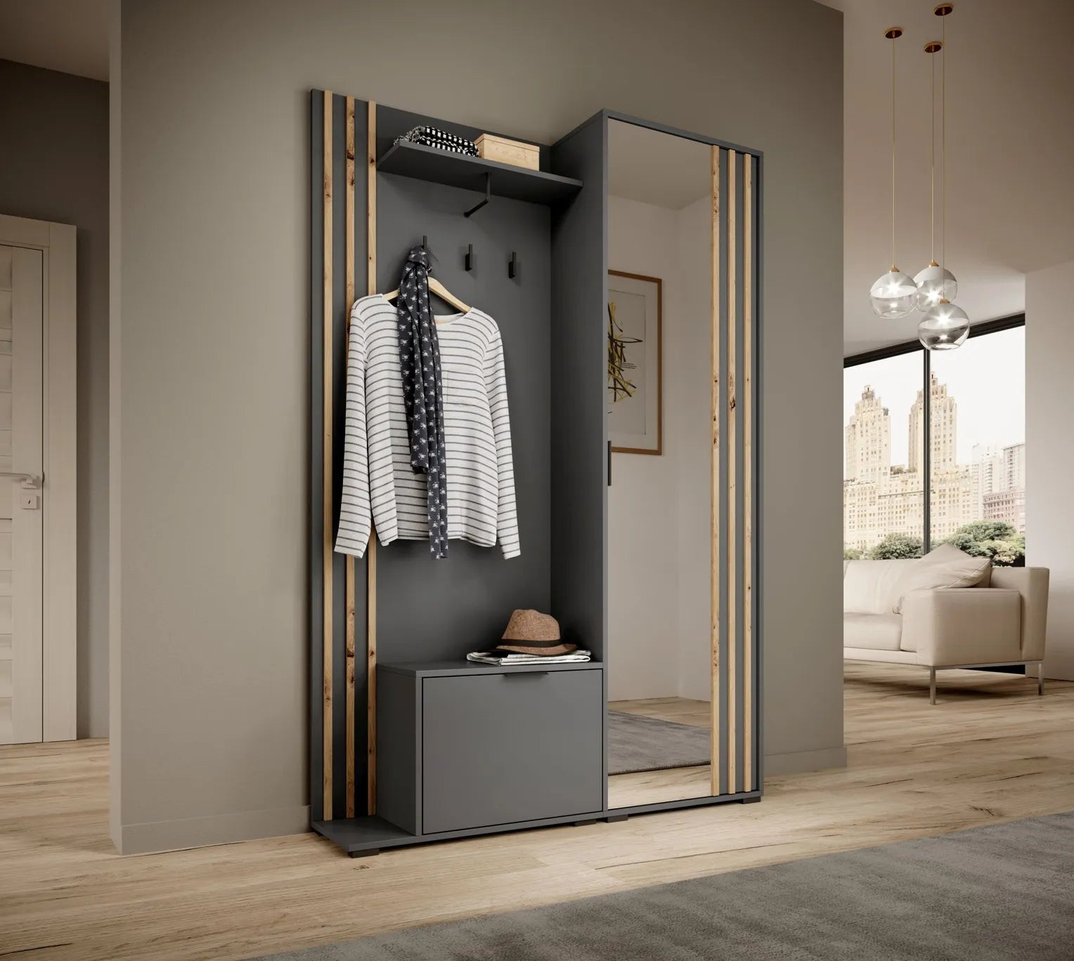 Nelly Flurgarderobe - Graphit / Artisan Slat / Spiegel