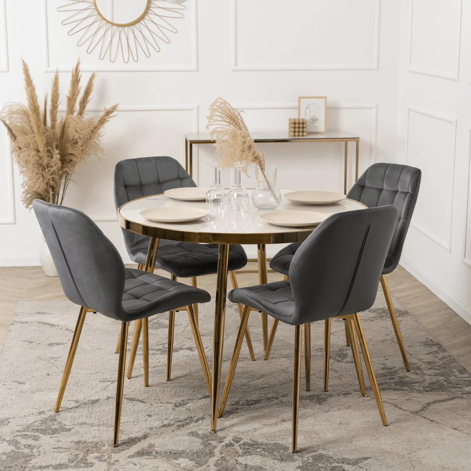 Elite LUCKY Grauer Samtstuhl mit goldenen Beinen – Elegante und moderne Sitzgelegenheiten