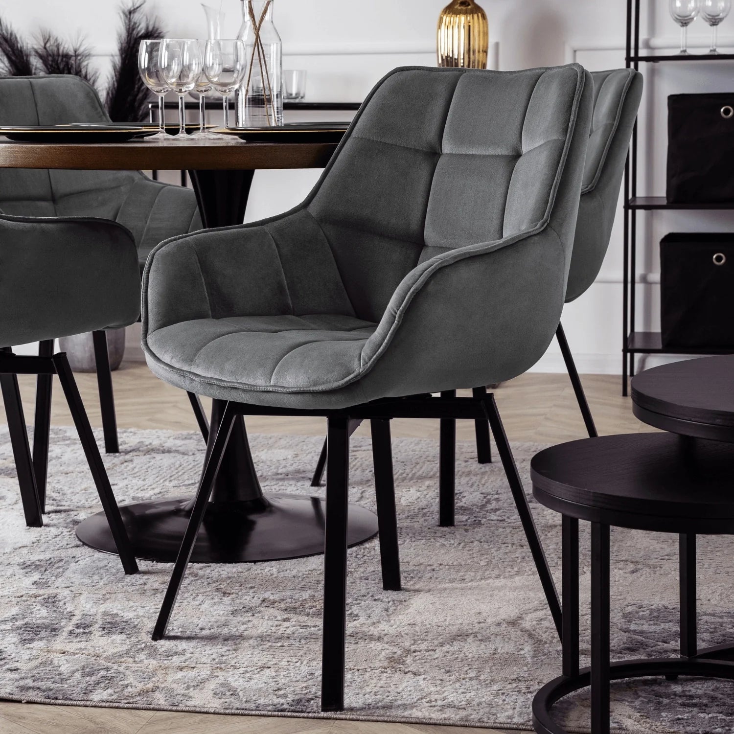 Elite LUNA Grauer Samt-Drehstuhl – Moderner Komfort mit Stil