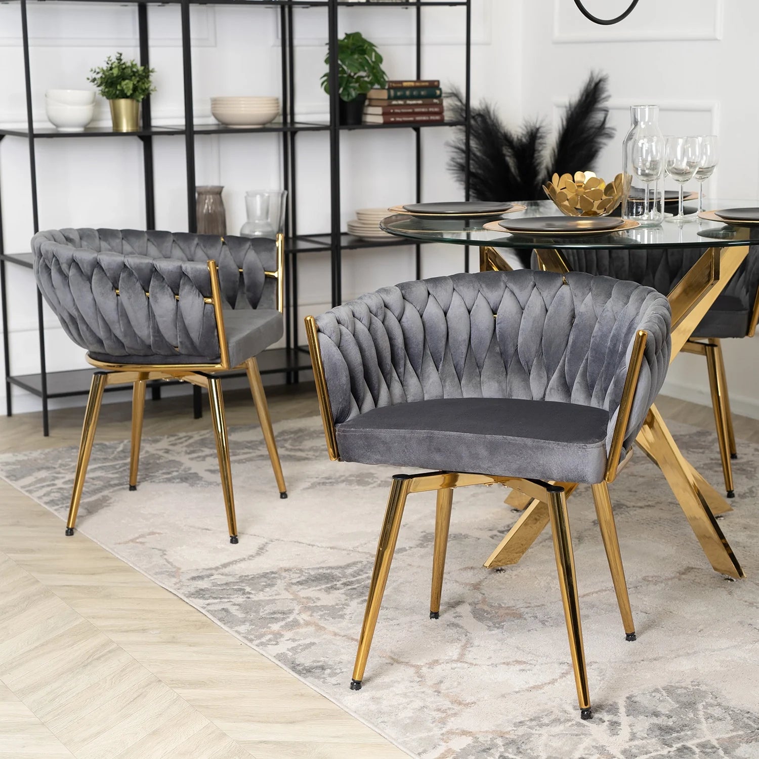 Elite RUBI Swivel Velvet Chair – Sophisticated Gray & Gold Elegance