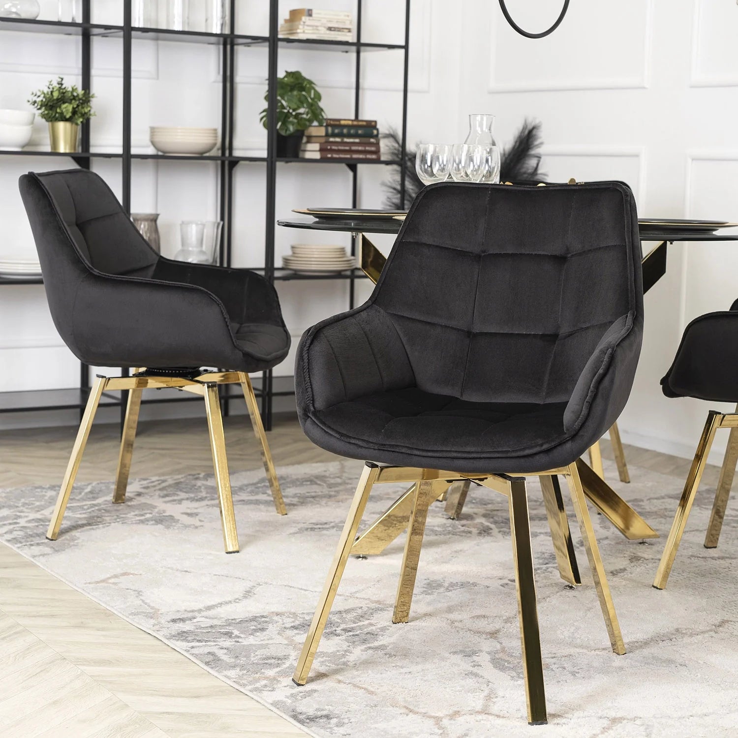 Elite MIA Swivel Velvet Chair – Luxurious Black & Gold Design