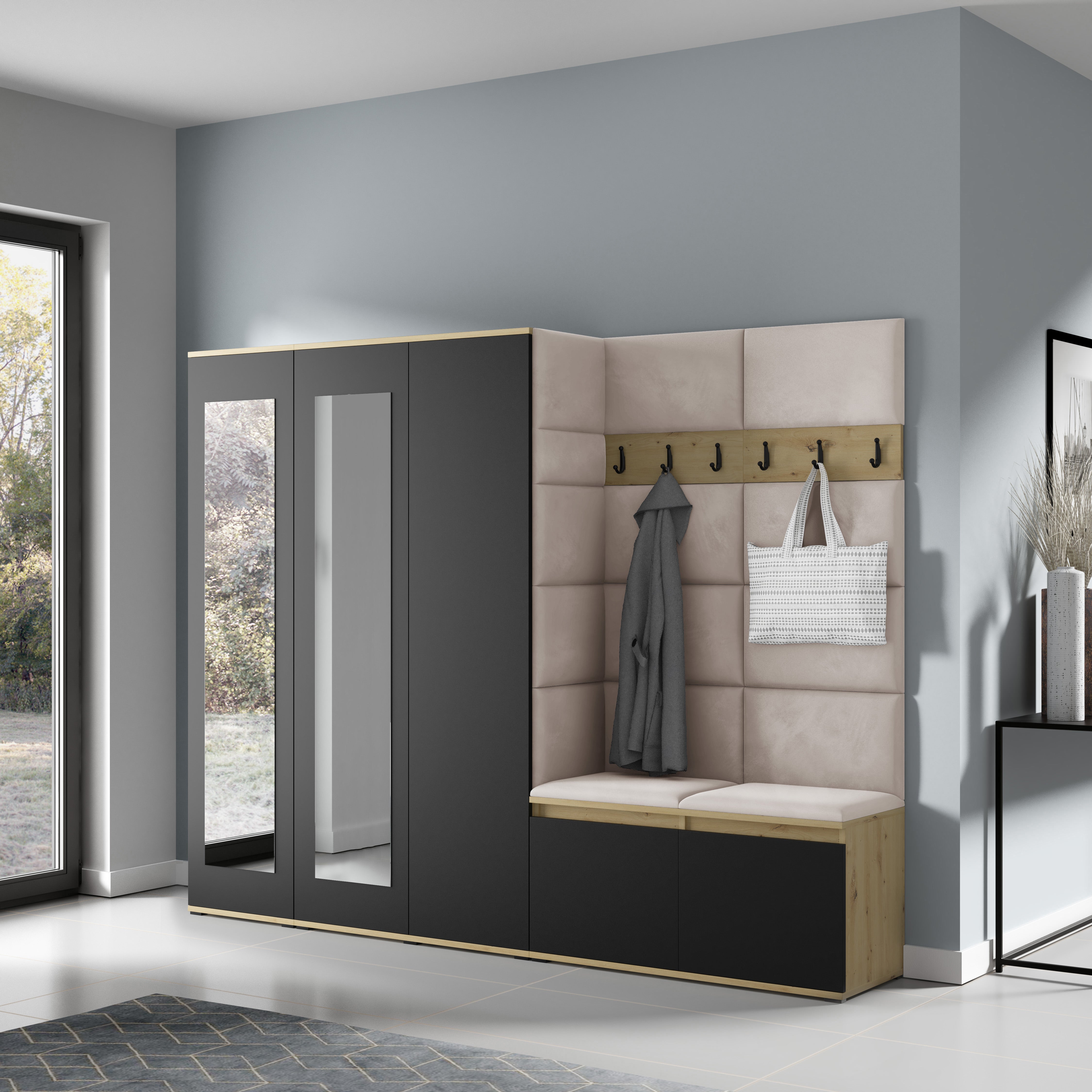PK Emi 15 Flurgarderobe Artisan Eiche/Schwarz - Polsterpaneele in verschiedenen Farben