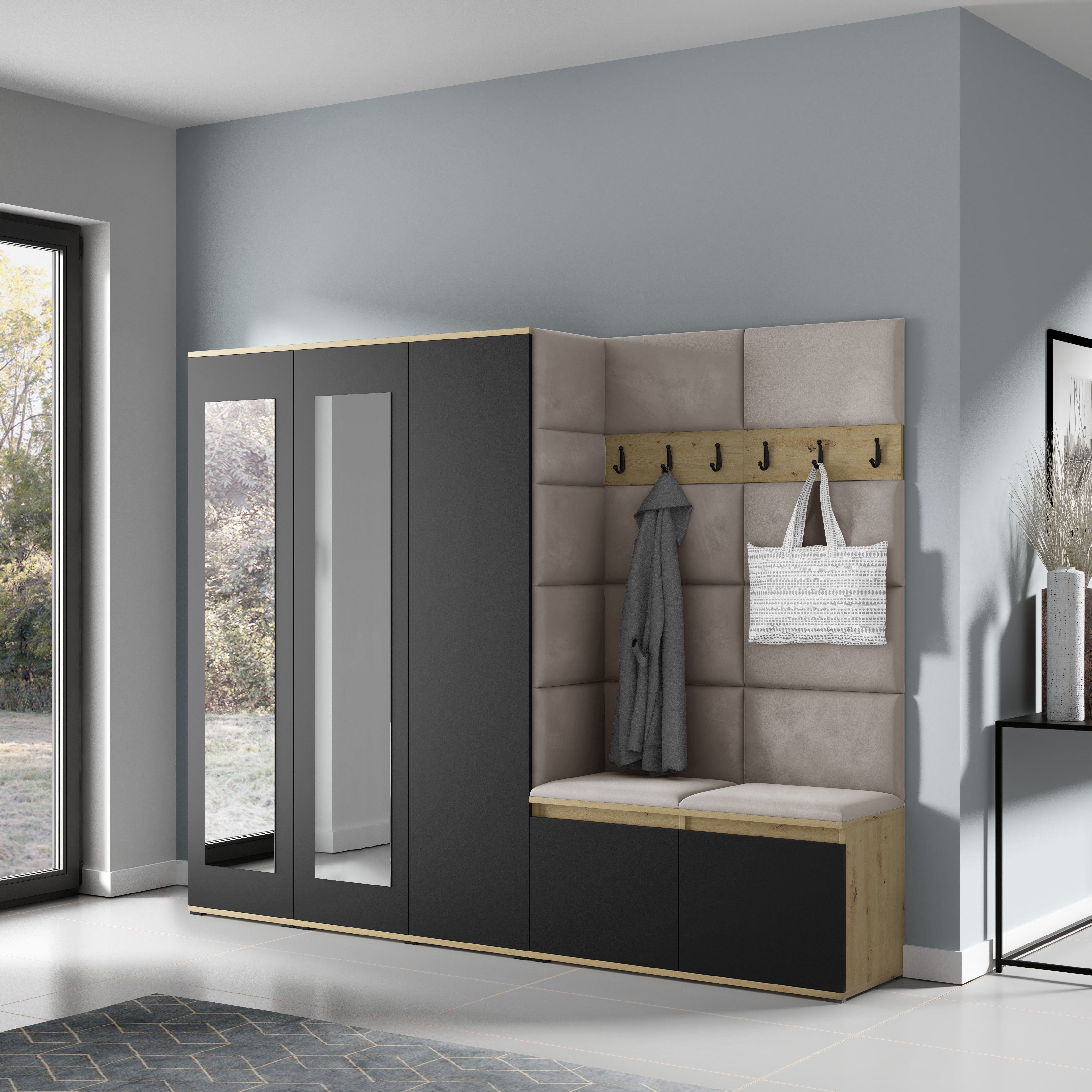 PK Emi 15 Flurgarderobe Artisan Eiche/Schwarz - Polsterpaneele in verschiedenen Farben