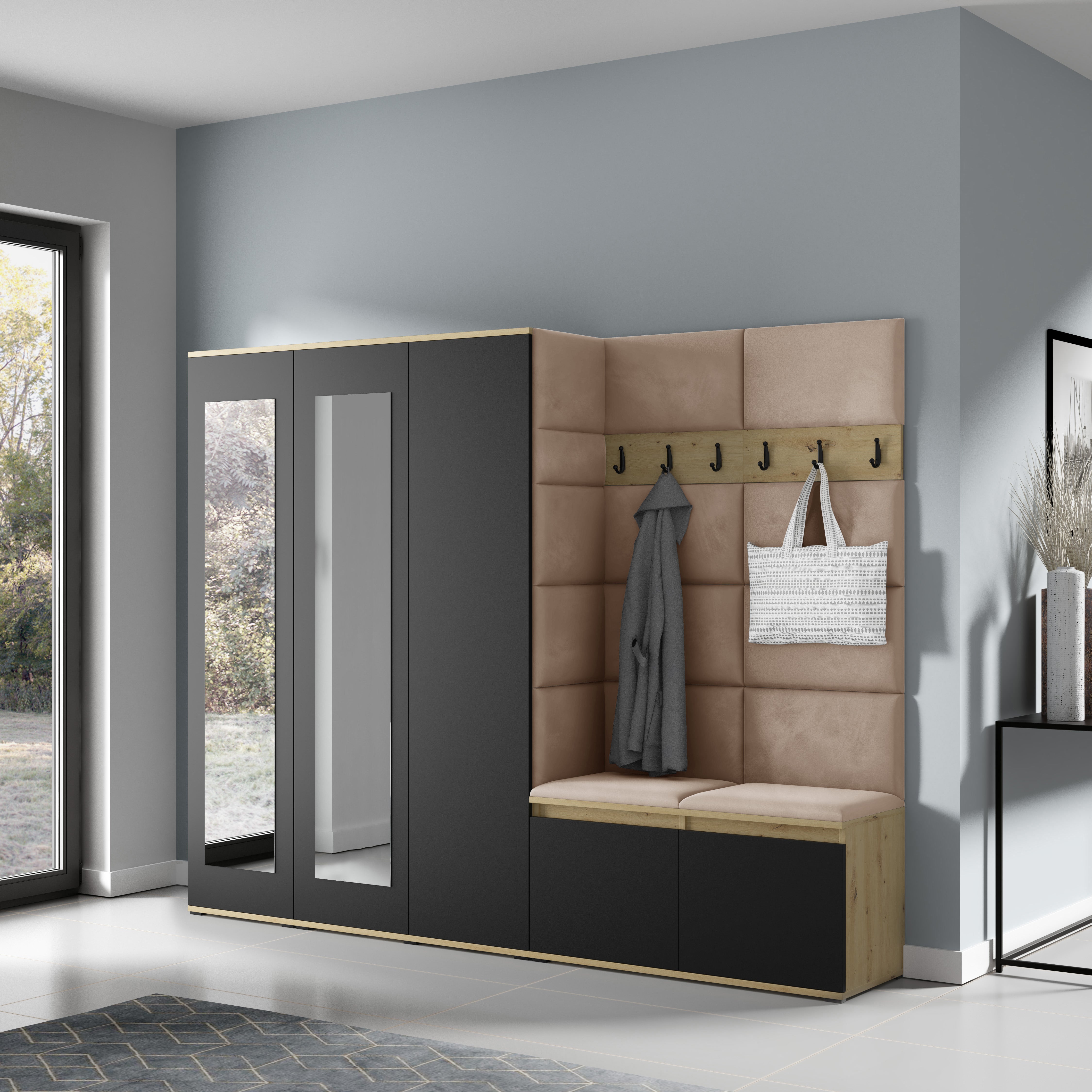 PK Emi 15 Flurgarderobe Artisan Eiche/Schwarz - Polsterpaneele in verschiedenen Farben