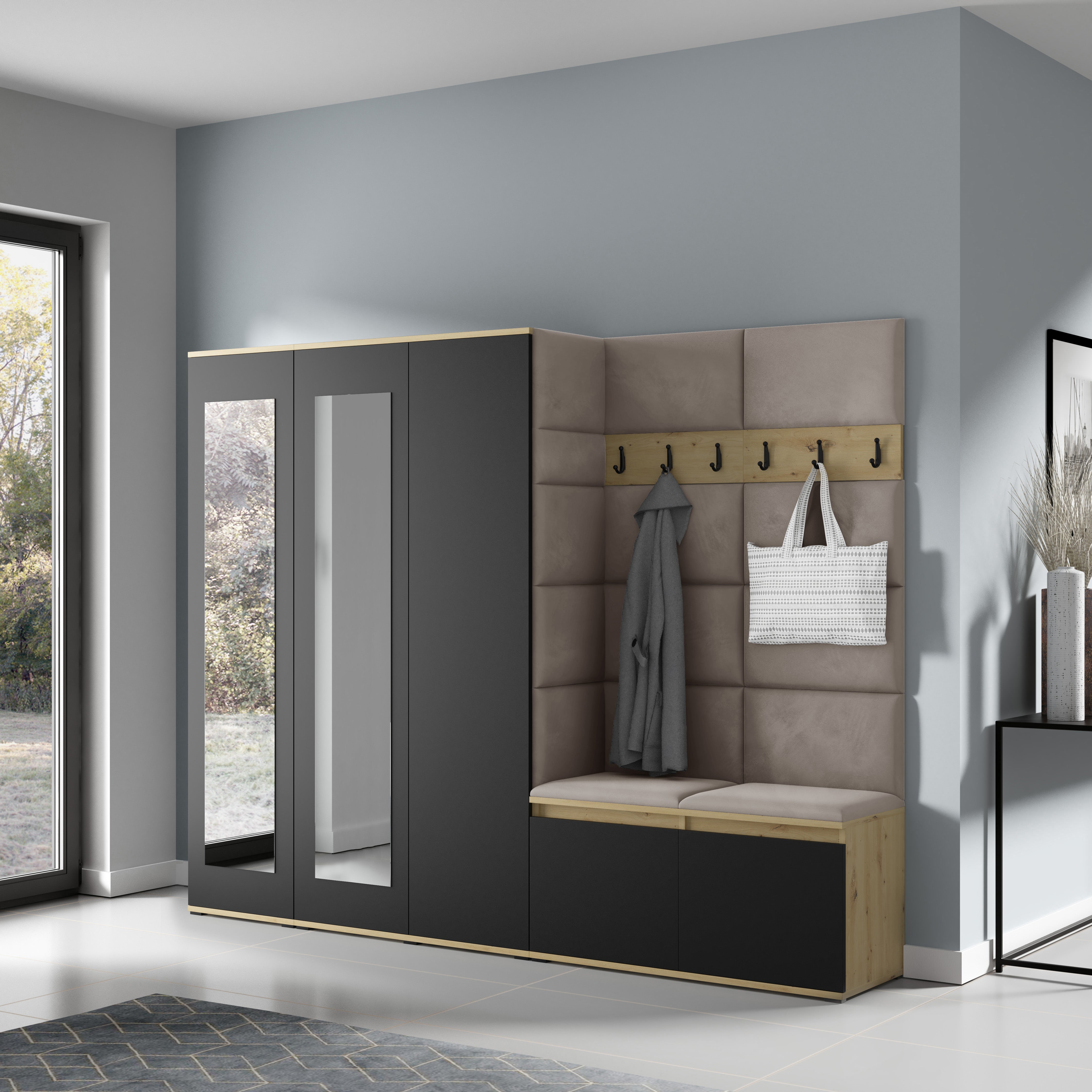 PK Emi 15 Flurgarderobe Artisan Eiche/Schwarz - Polsterpaneele in verschiedenen Farben