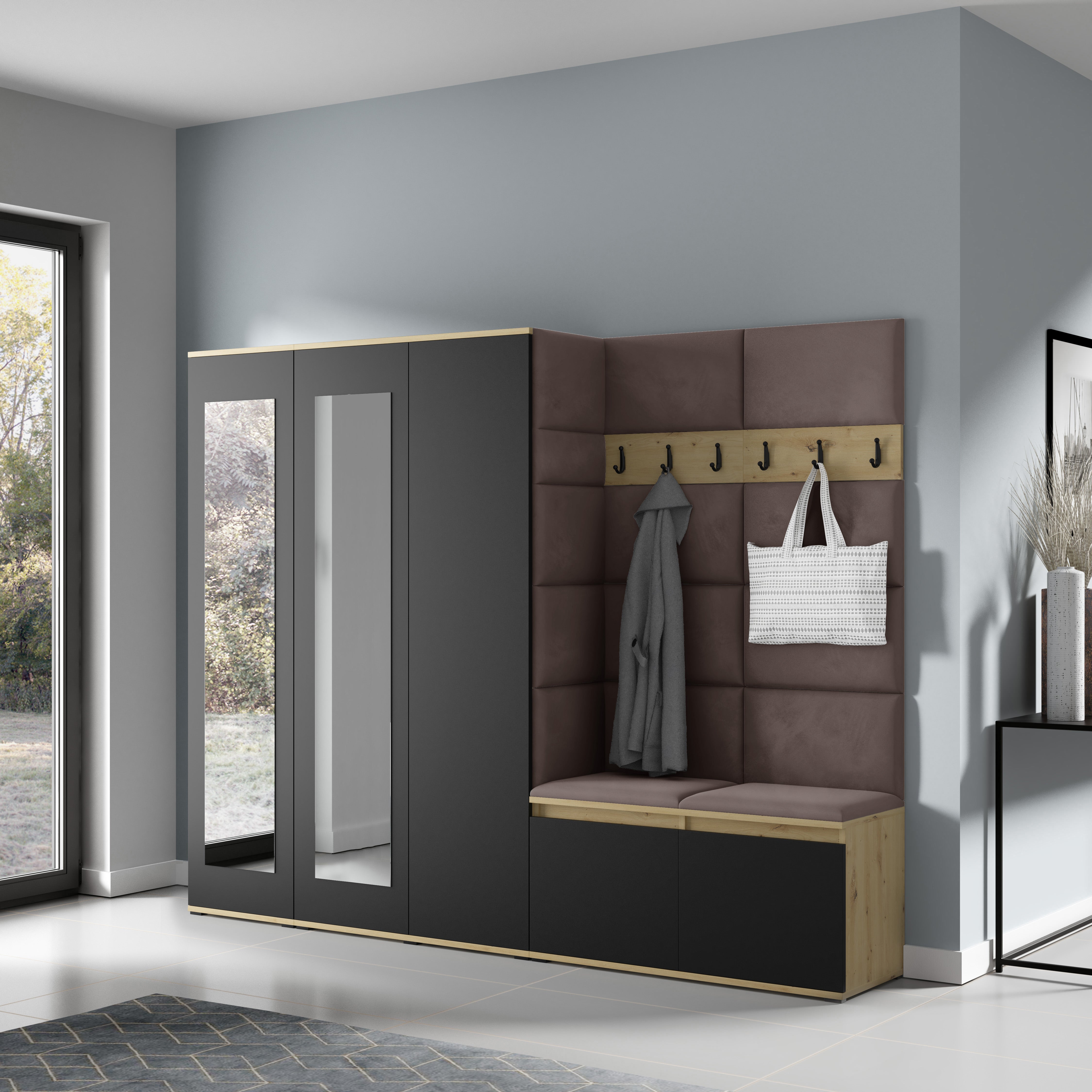 PK Emi 15 Flurgarderobe Artisan Eiche/Schwarz - Polsterpaneele in verschiedenen Farben