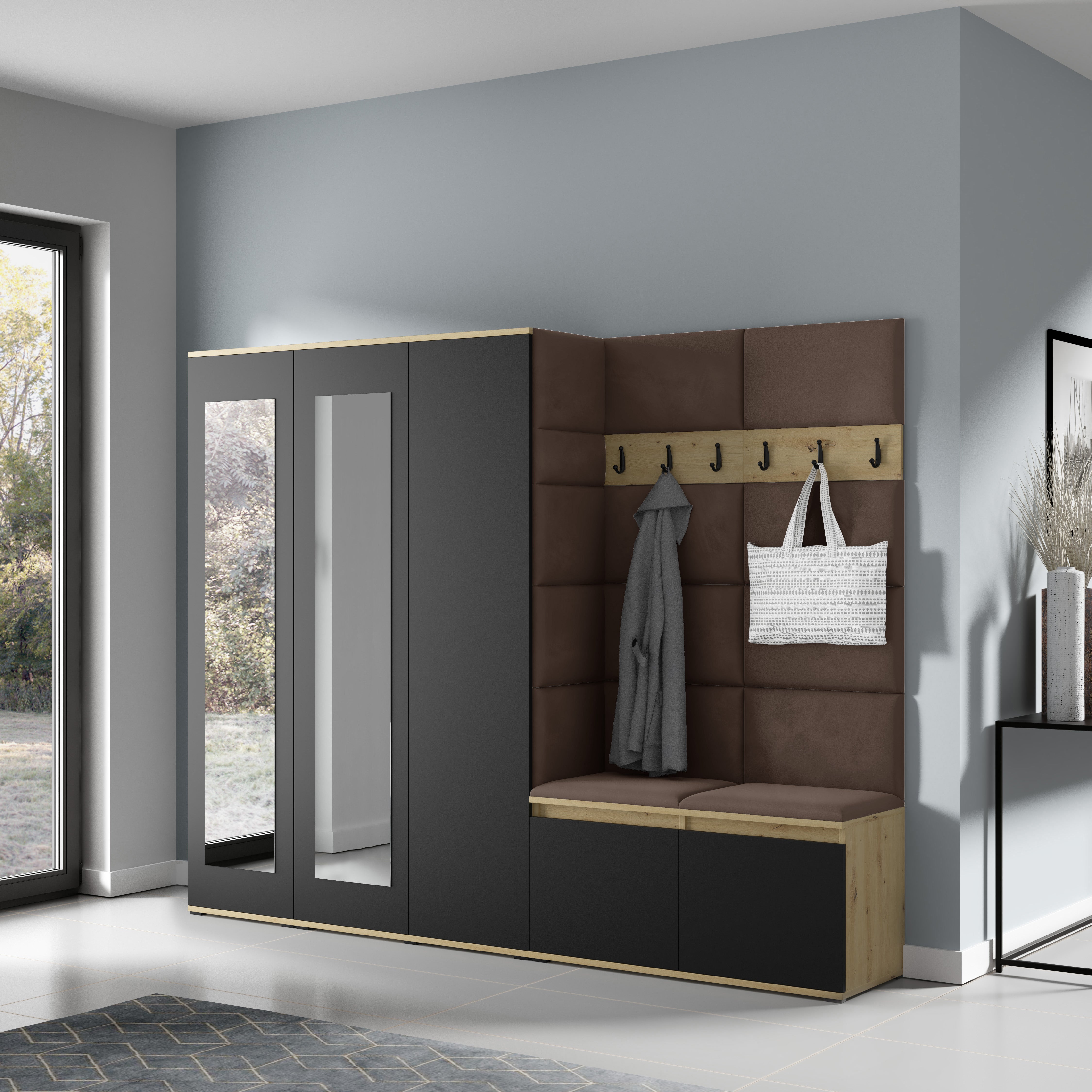 PK Emi 15 Flurgarderobe Artisan Eiche/Schwarz - Polsterpaneele in verschiedenen Farben