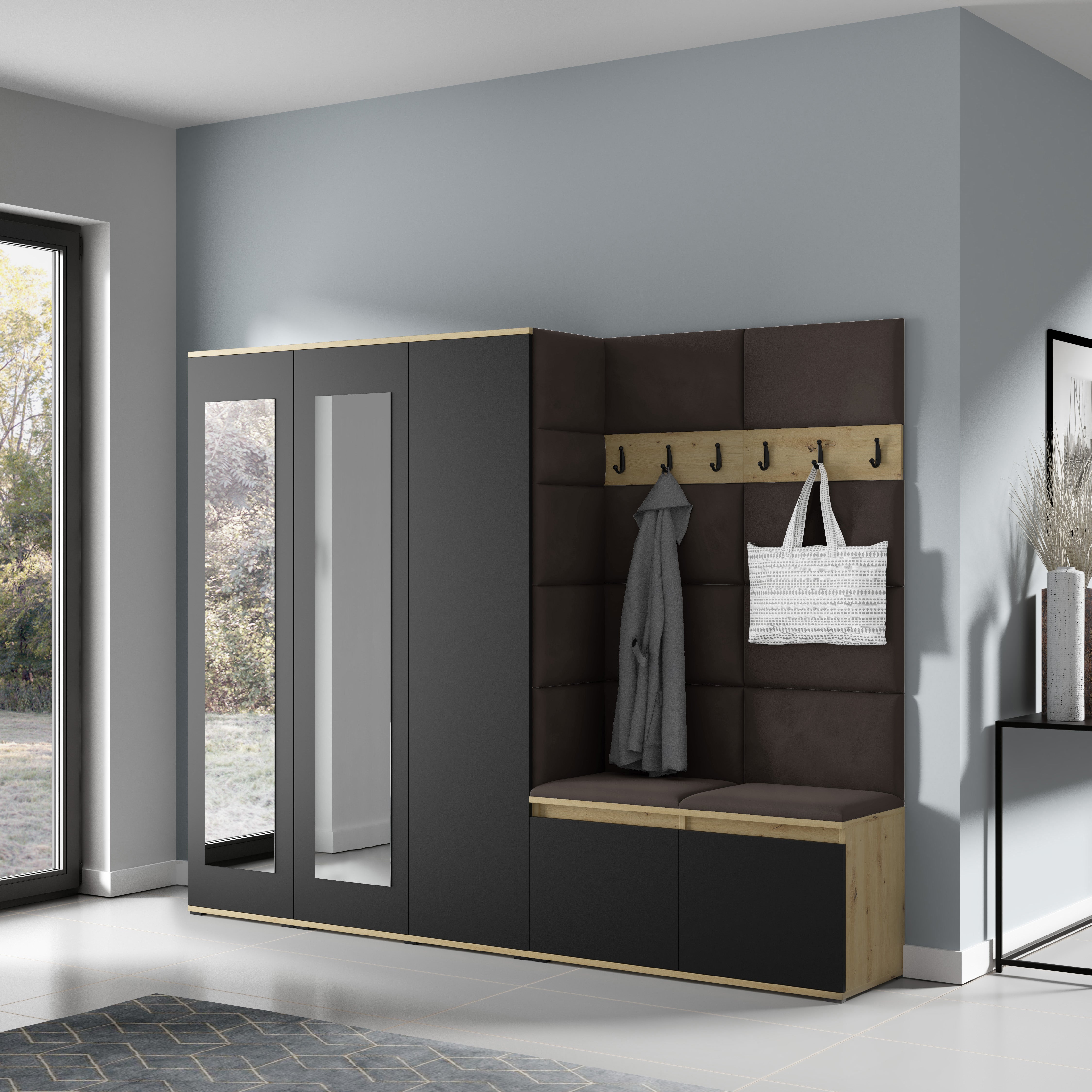 PK Emi 15 Flurgarderobe Artisan Eiche/Schwarz - Polsterpaneele in verschiedenen Farben