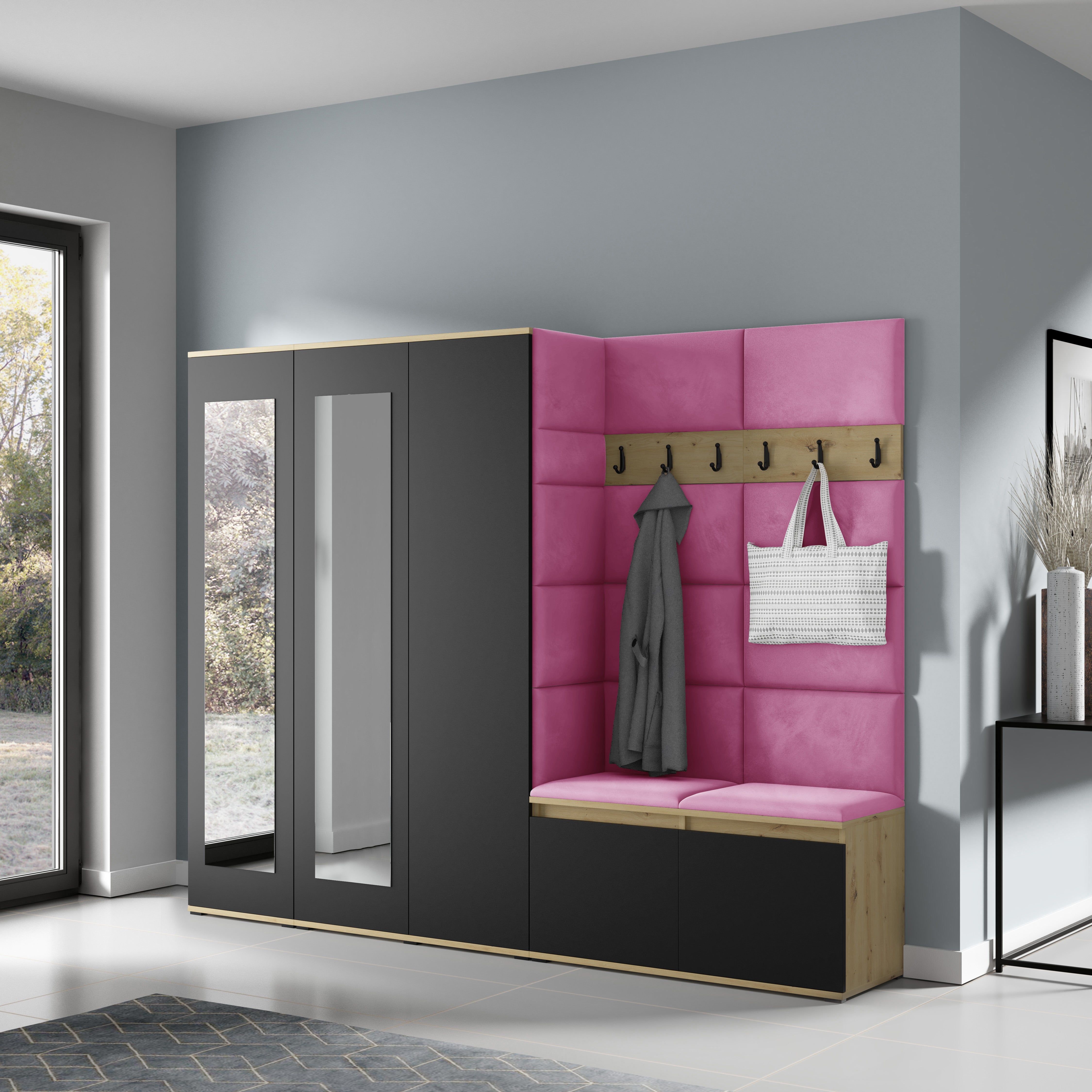 PK Emi 15 Flurgarderobe Artisan Eiche/Schwarz - Polsterpaneele in verschiedenen Farben
