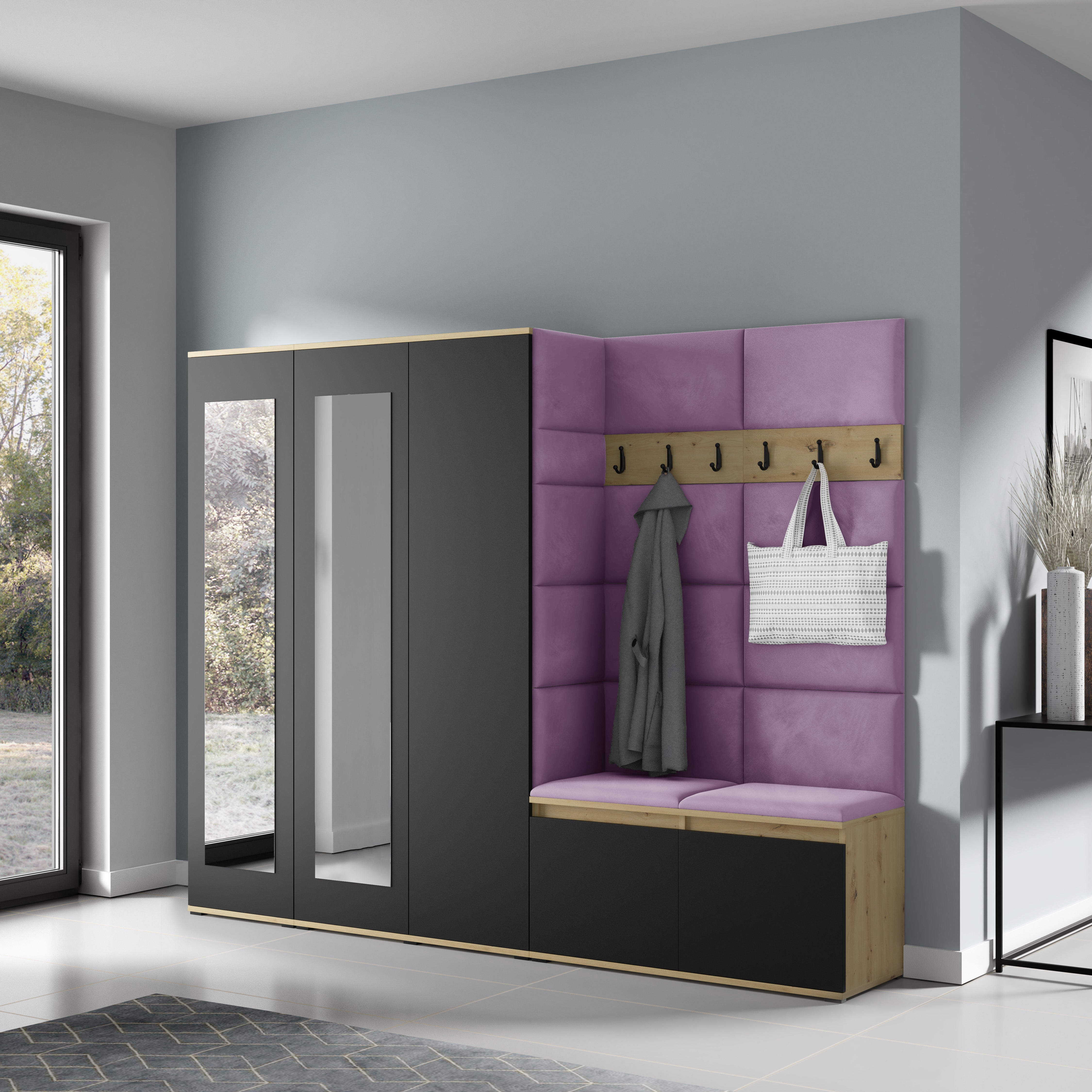 PK Emi 15 Flurgarderobe Artisan Eiche/Schwarz - Polsterpaneele in verschiedenen Farben