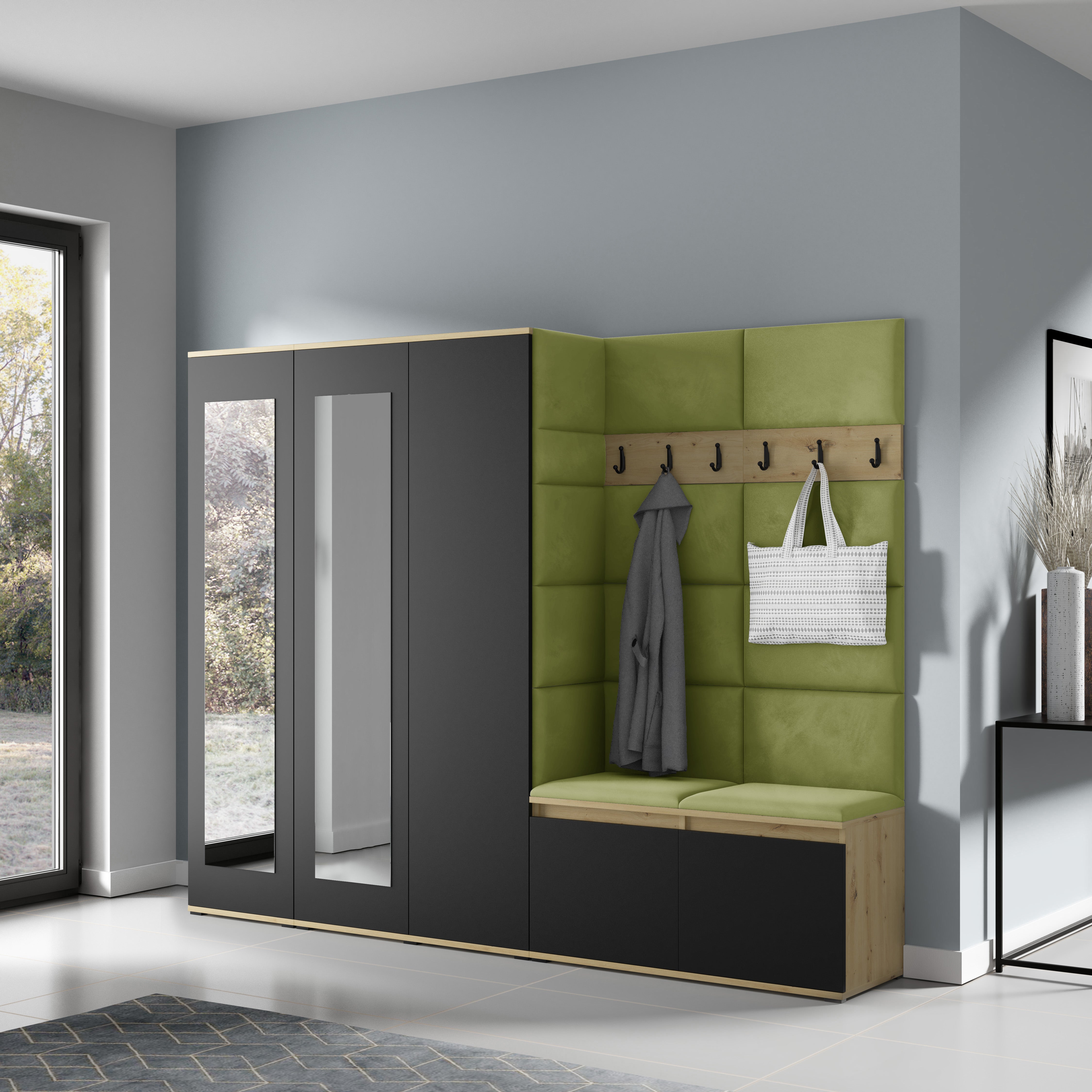 PK Emi 15 Flurgarderobe Artisan Eiche/Schwarz - Polsterpaneele in verschiedenen Farben