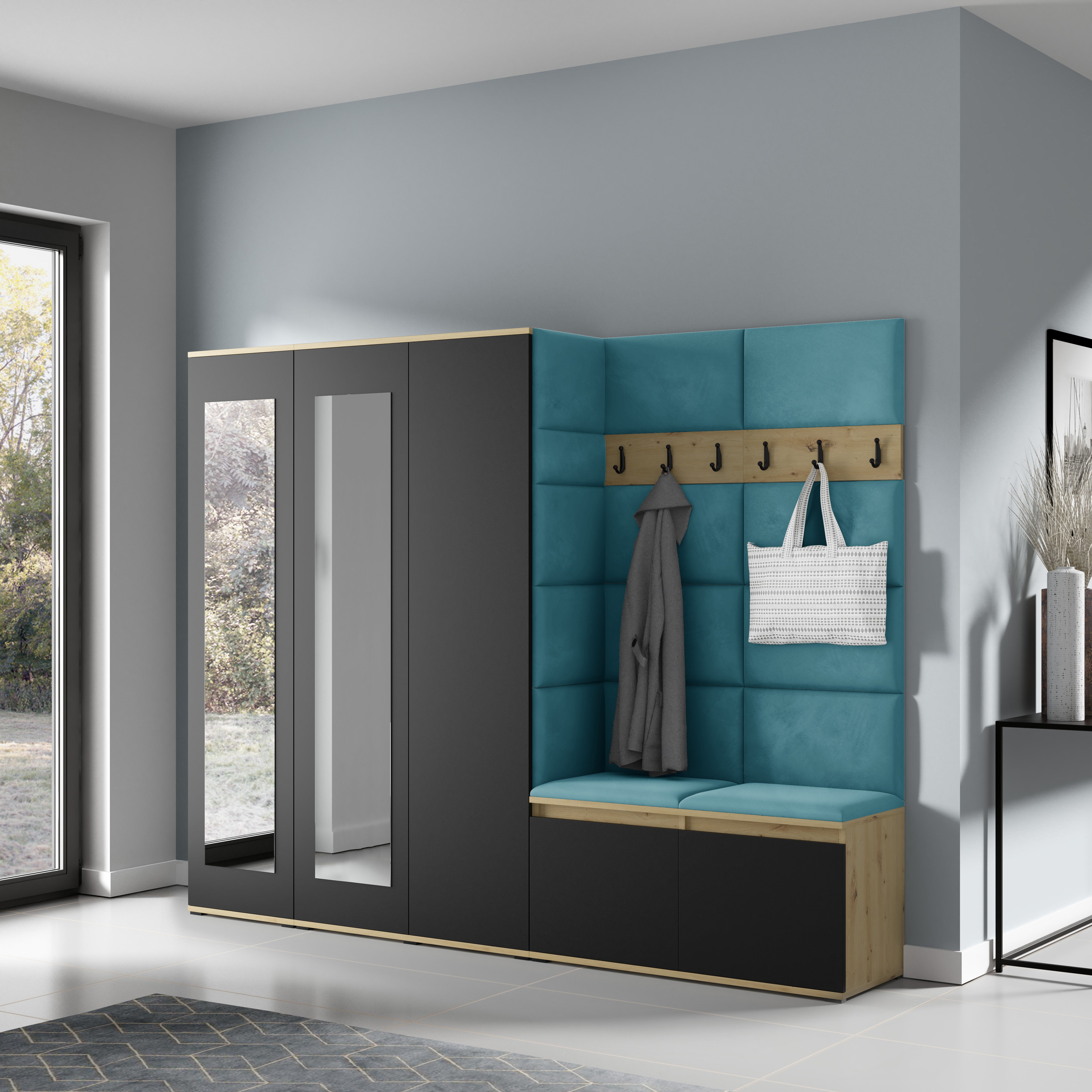 PK Emi 15 Flurgarderobe Artisan Eiche/Schwarz - Polsterpaneele in verschiedenen Farben