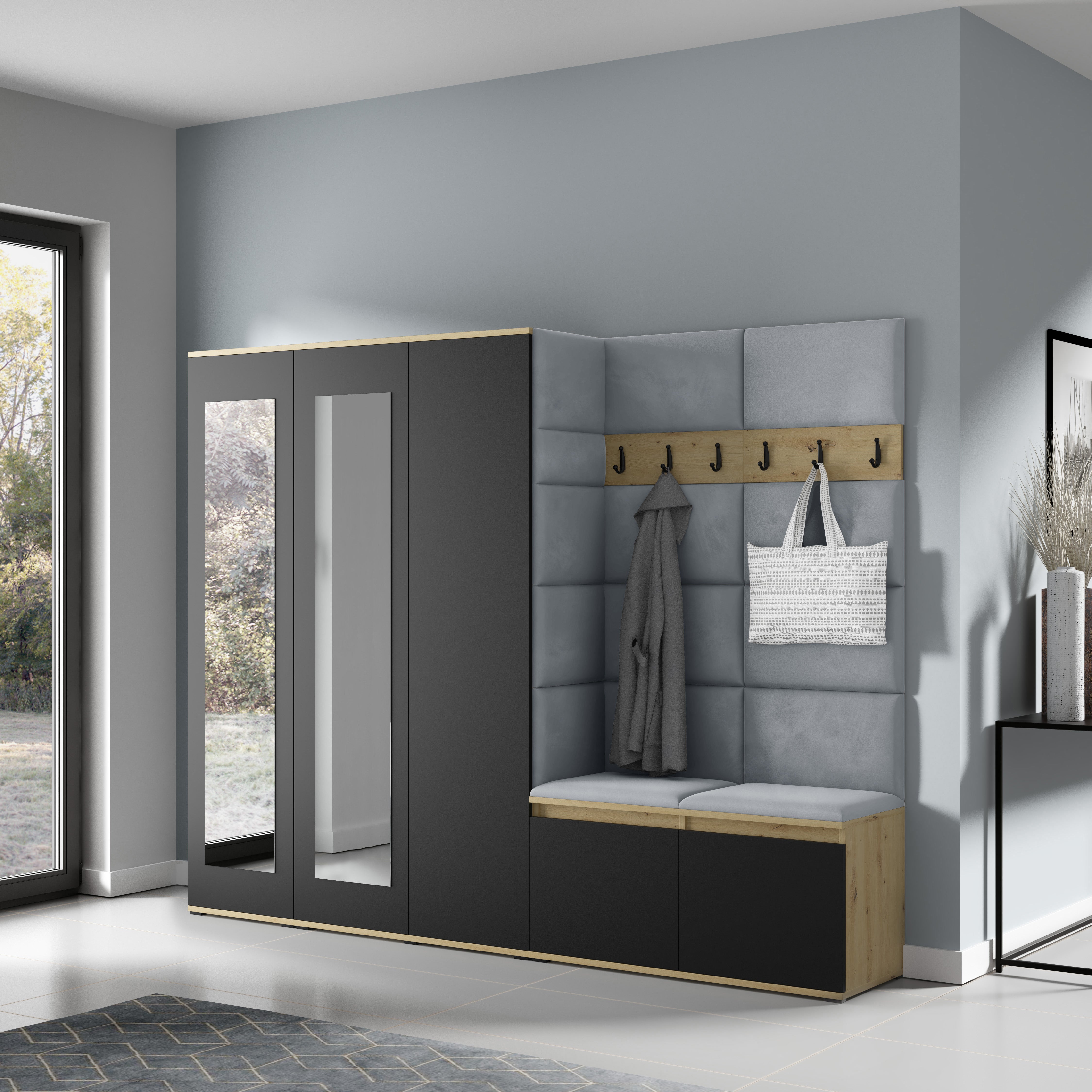 PK Emi 15 Flurgarderobe Artisan Eiche/Schwarz - Polsterpaneele in verschiedenen Farben