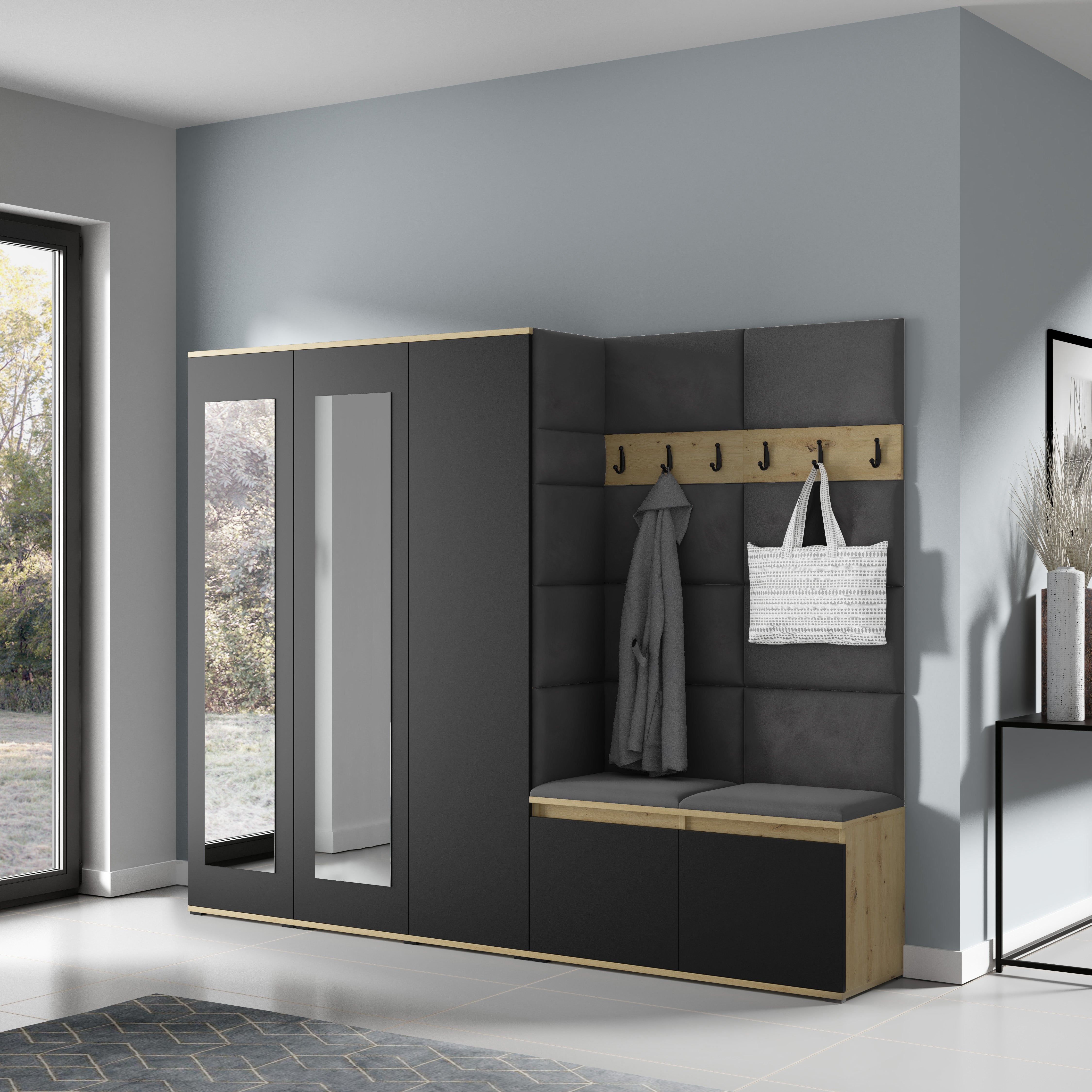 PK Emi 15 Flurgarderobe Artisan Eiche/Schwarz - Polsterpaneele in verschiedenen Farben