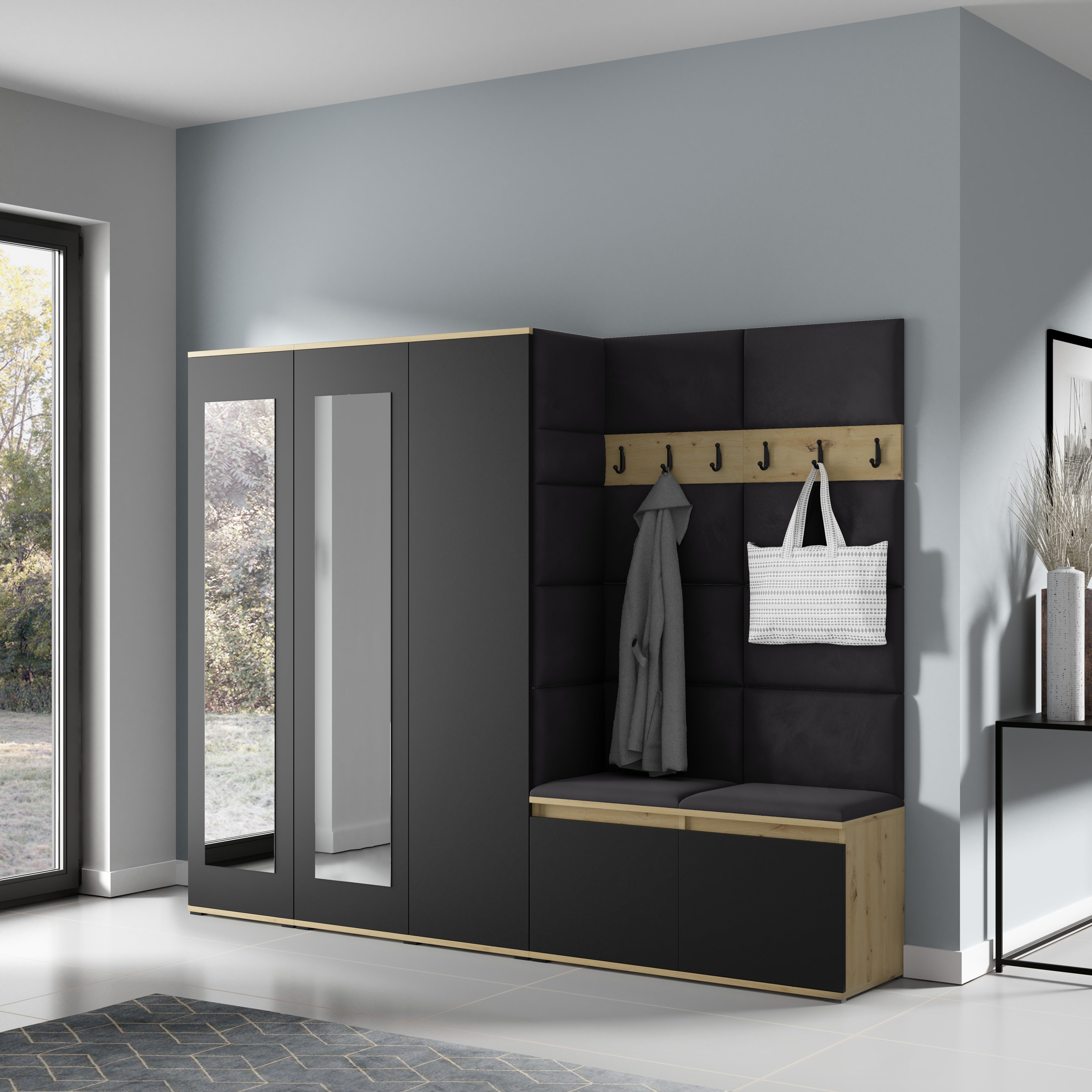 PK Emi 15 Flurgarderobe Artisan Eiche/Schwarz - Polsterpaneele in verschiedenen Farben