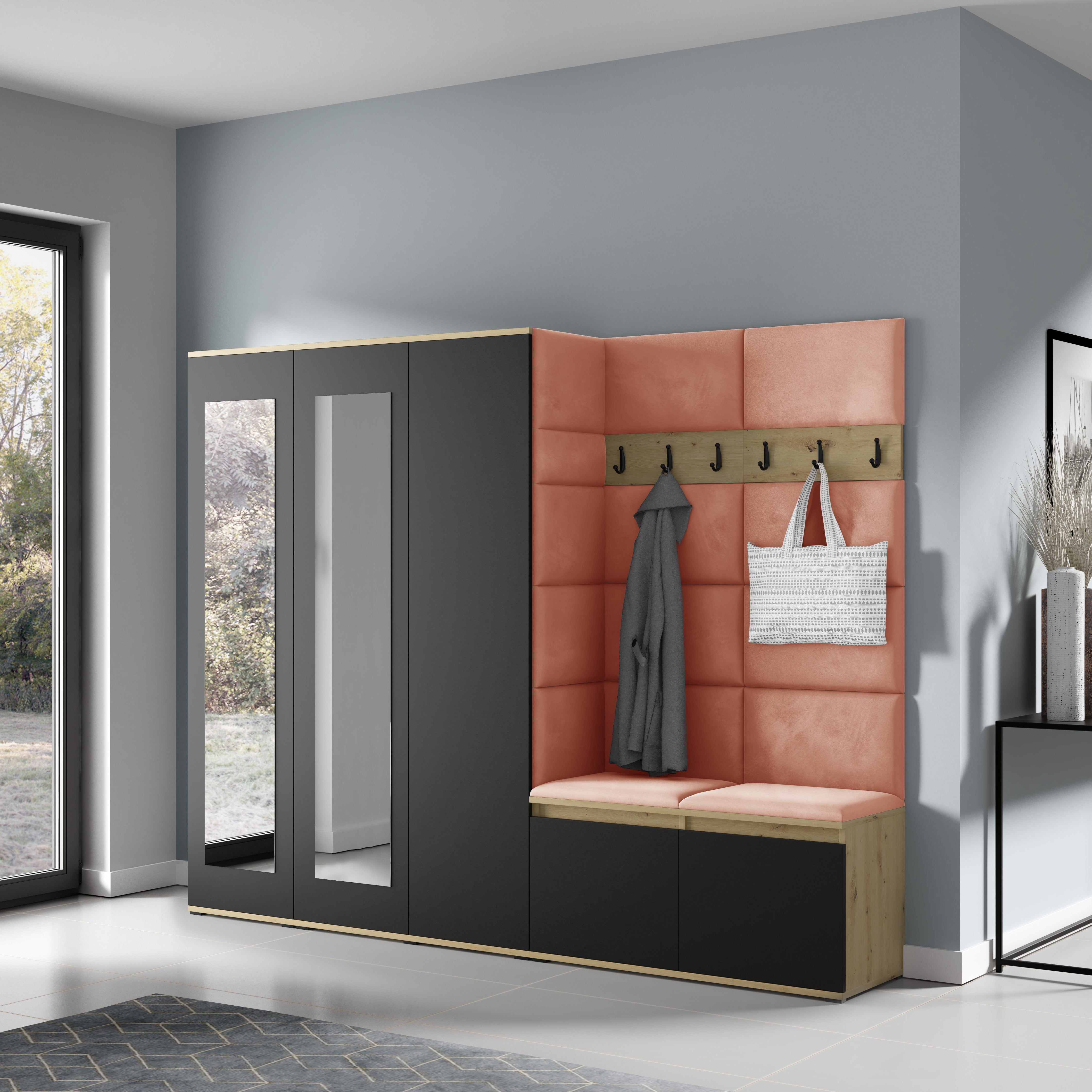 PK Emi 15 Flurgarderobe Artisan Eiche/Schwarz - Polsterpaneele in verschiedenen Farben