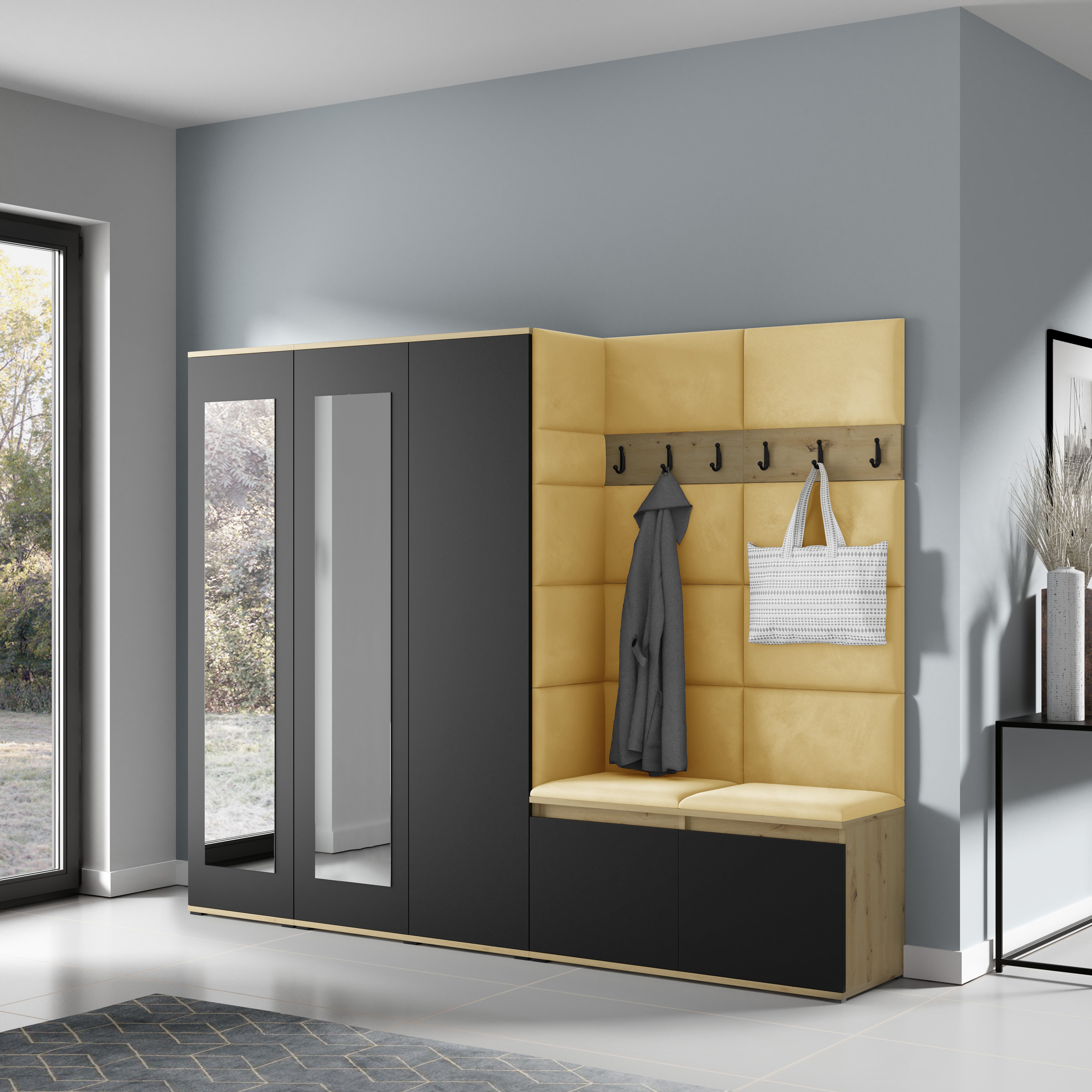 PK Emi 15 Flurgarderobe Artisan Eiche/Schwarz - Polsterpaneele in verschiedenen Farben