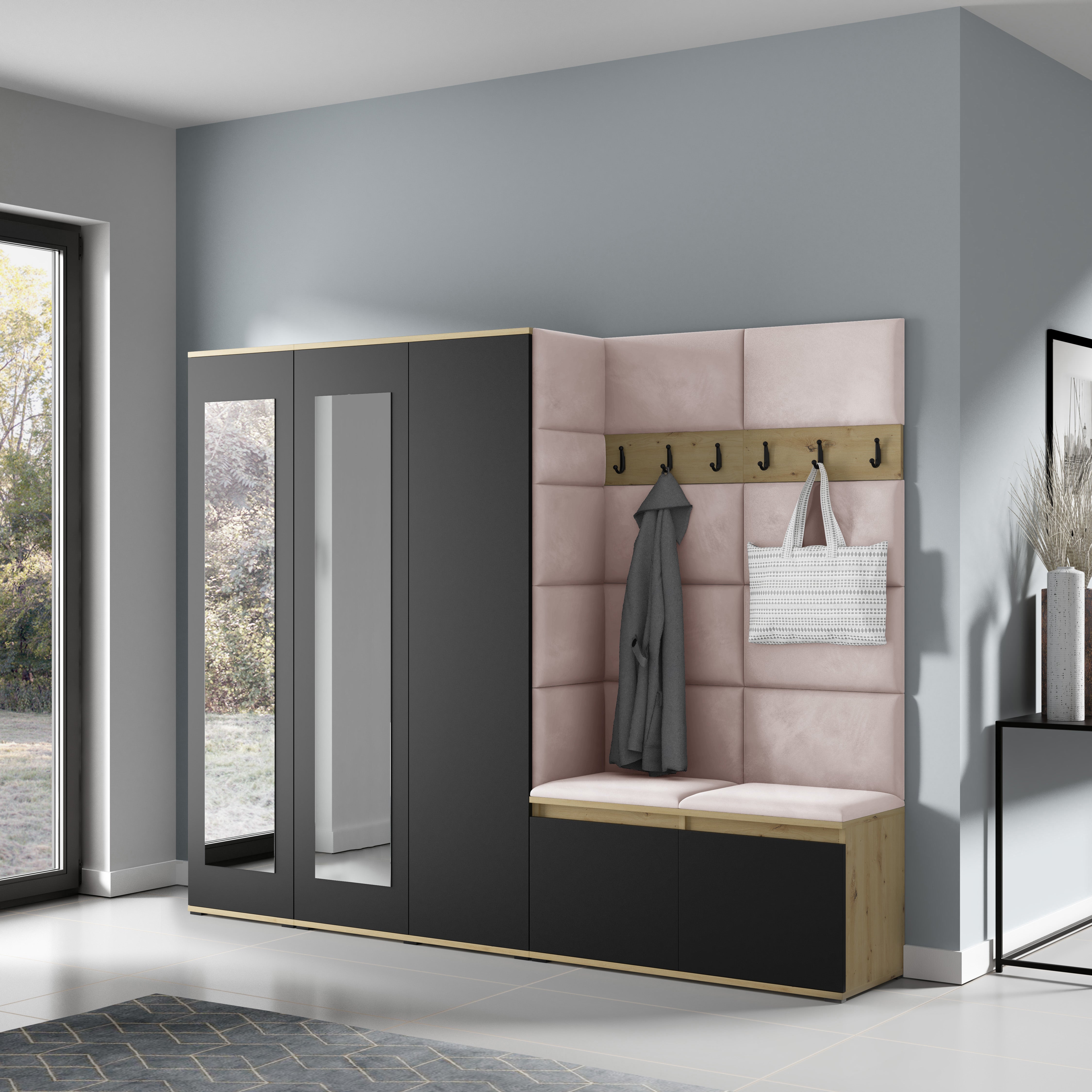 PK Emi 15 Flurgarderobe Artisan Eiche/Schwarz - Polsterpaneele in verschiedenen Farben